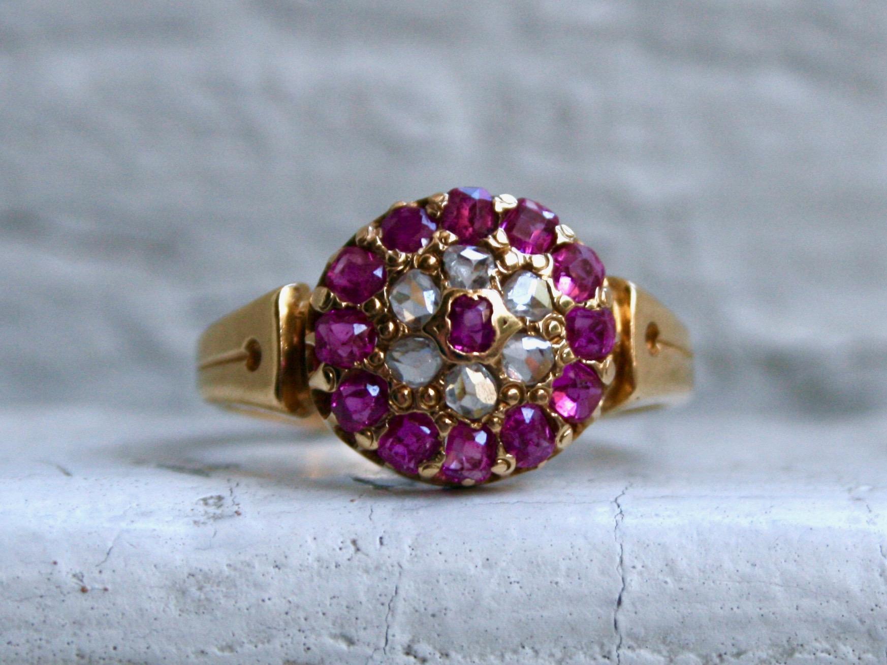 Oh how I love this Stunning Antique Victorian Diamond and Ruby Cluster Engagement Ring! It really has all my favorite things - antique diamonds, ruby, and very very old! Crafted in 14K Yellow Gold in the late 1800's, the design is a classic cluster,
