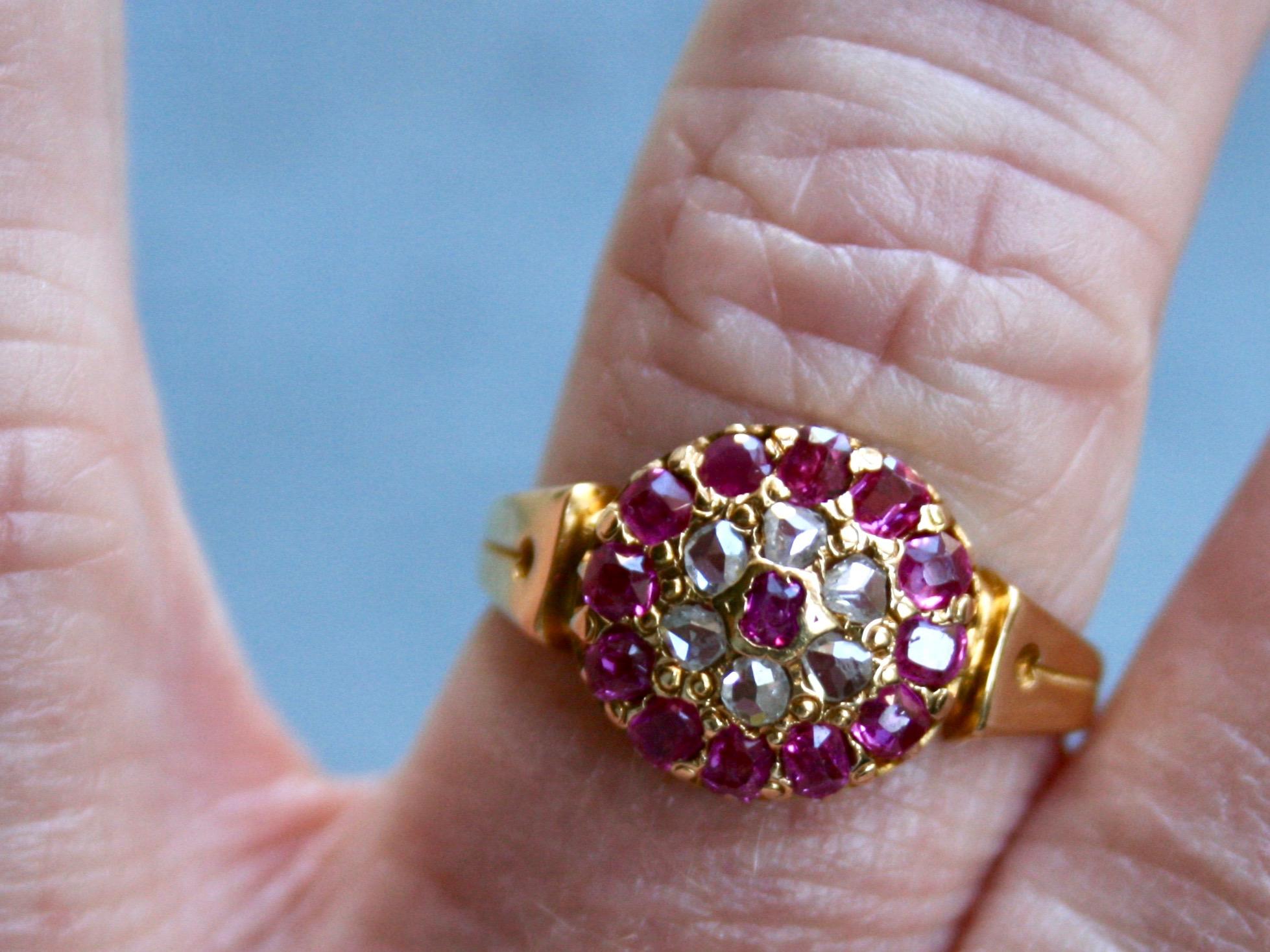 High Victorian Stunning Antique Victorian Diamond and Ruby Cluster Engagement Ring, 0.82 Carat For Sale
