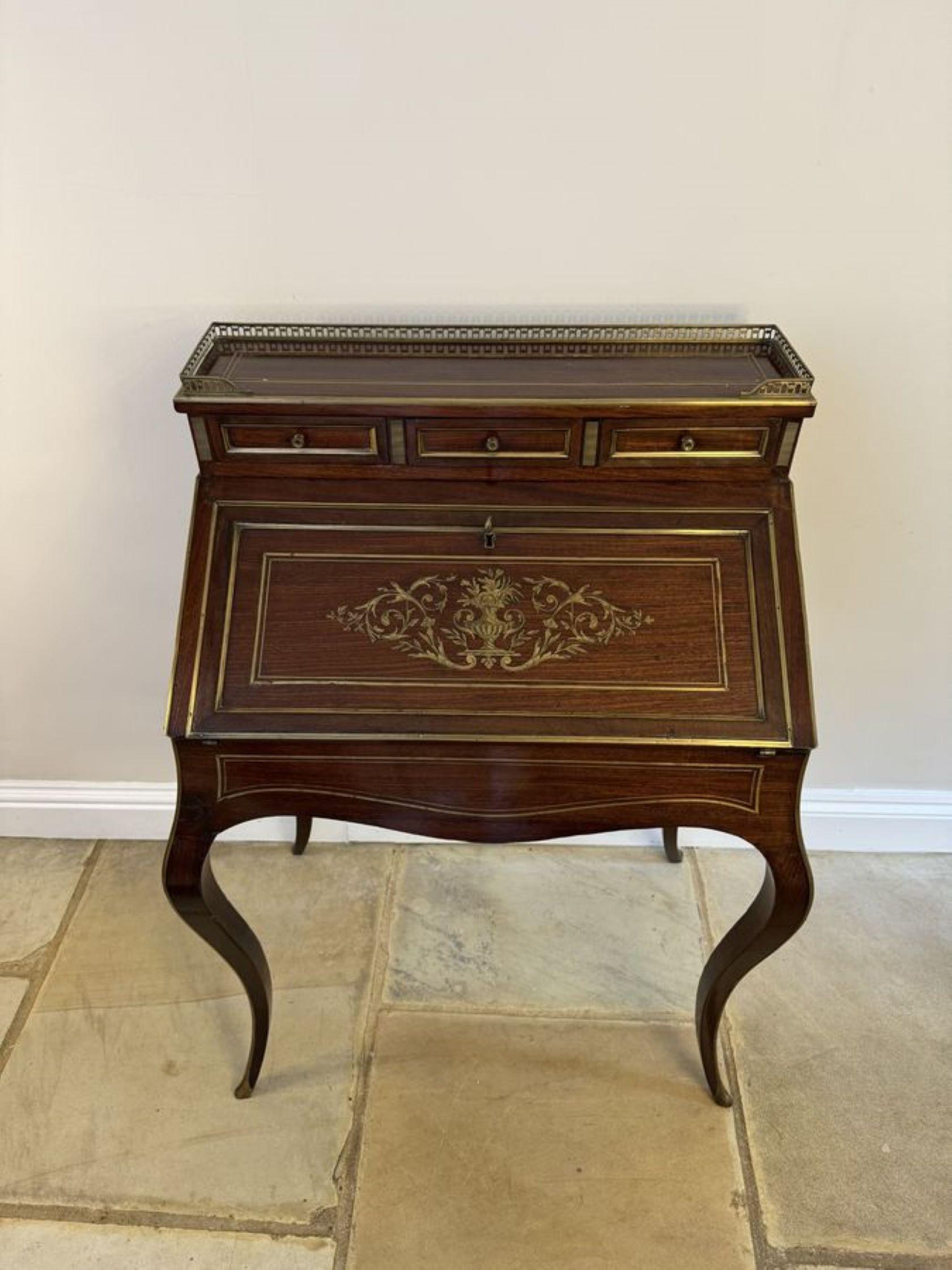 Early Victorian Stunning antique Victorian French quality rosewood brass inlaid bureau For Sale