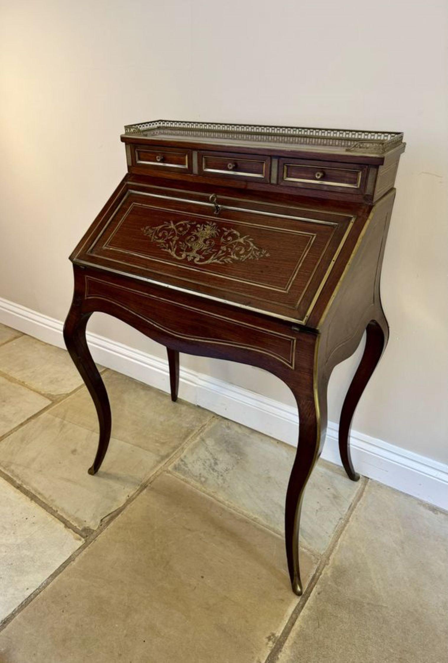 Stunning antique Victorian French quality rosewood brass inlaid bureau In Good Condition For Sale In Ipswich, GB