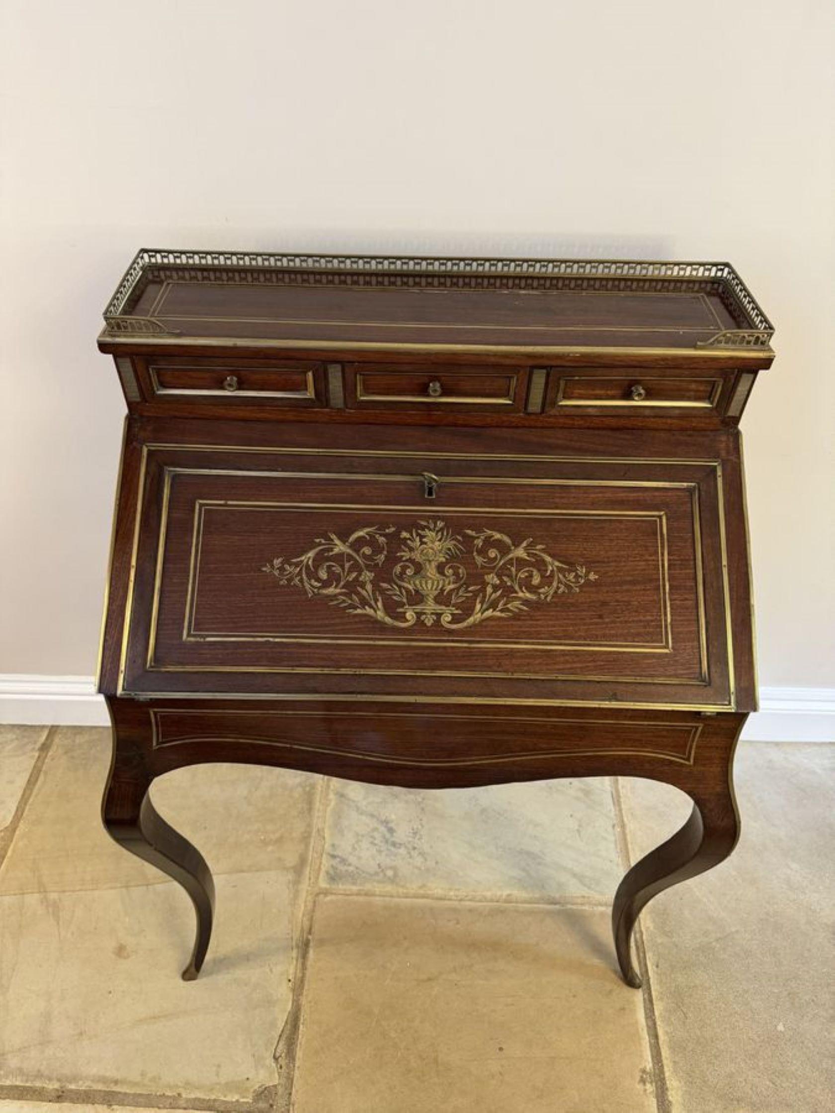 Brass Stunning antique Victorian French quality rosewood brass inlaid bureau For Sale