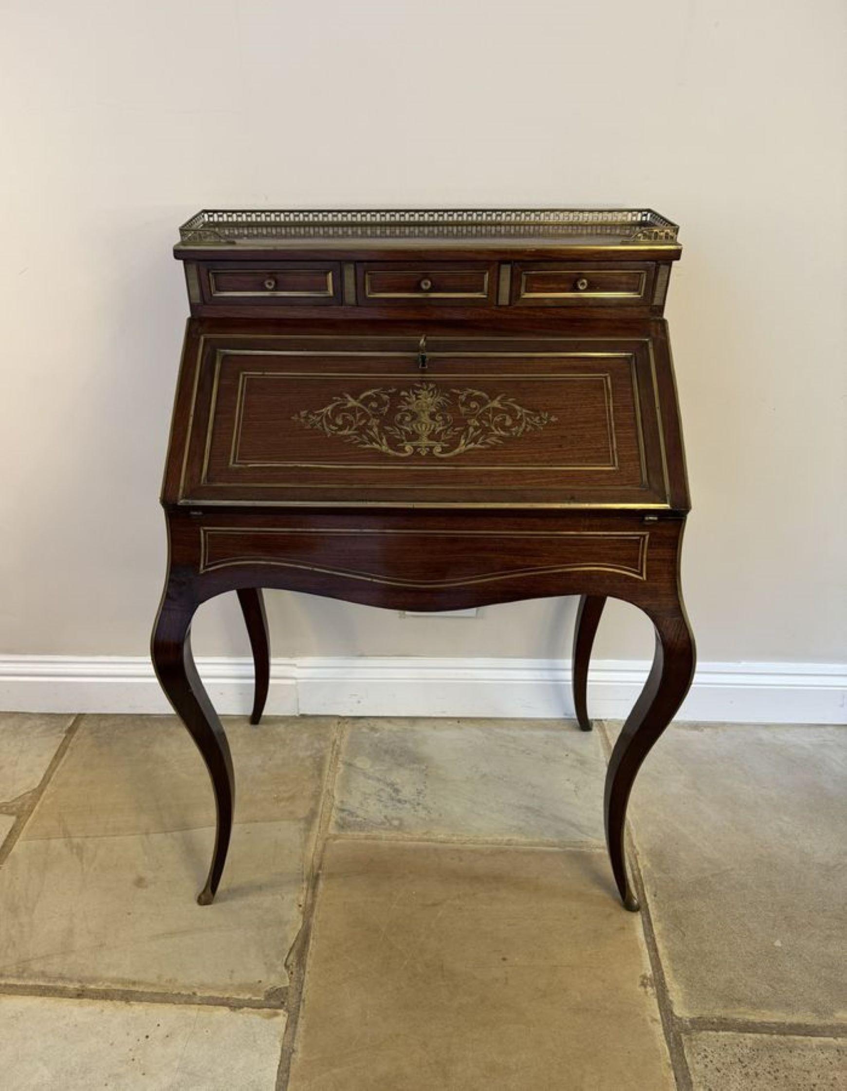 Stunning antique Victorian French quality rosewood brass inlaid bureau For Sale 1