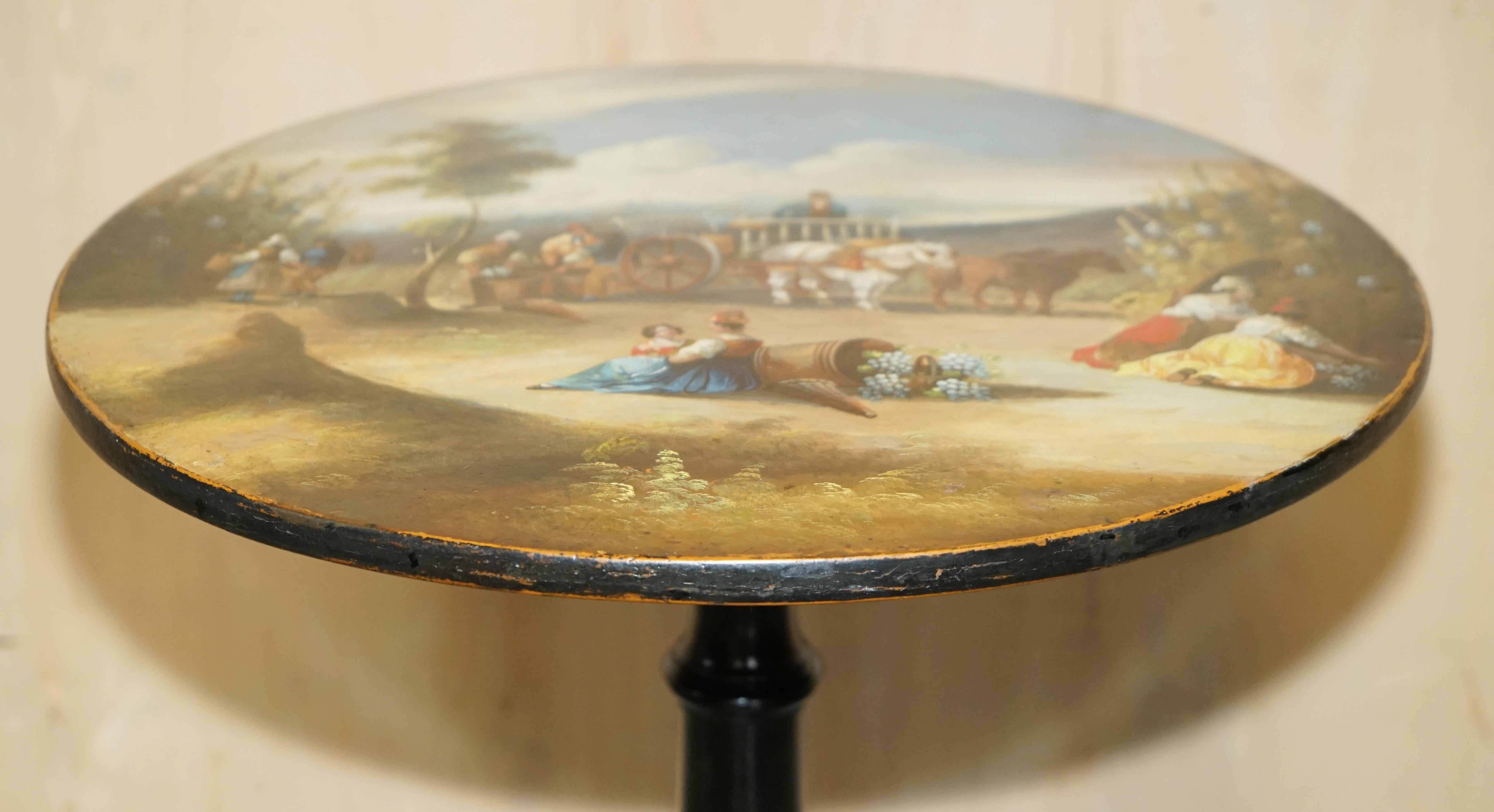 Victorian STUNNiNG ANTIQUE VICTORIAN HAND PAINTED GRAPE HARVEST DEPICTED OCCASIONAL TABLE For Sale