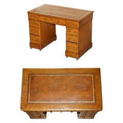 STUNNING ANTiQUE VICTORIAN HONEY OAK TWIN PEDESTAL DESK HAND DYED BROWN LEATHER