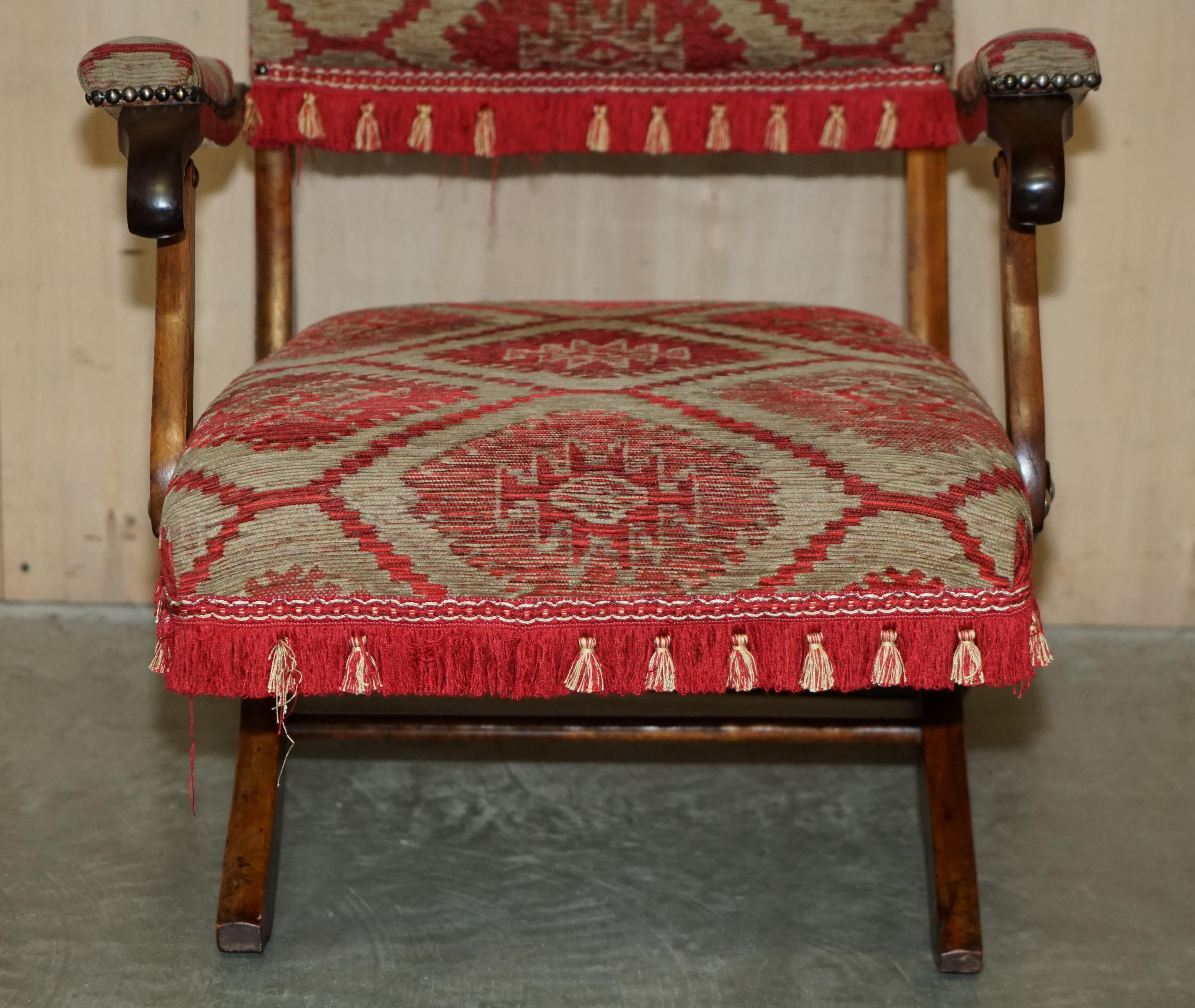 Stunning Antique Victorian Military Campaign Kilim Upholstered Folding Armchair For Sale 3