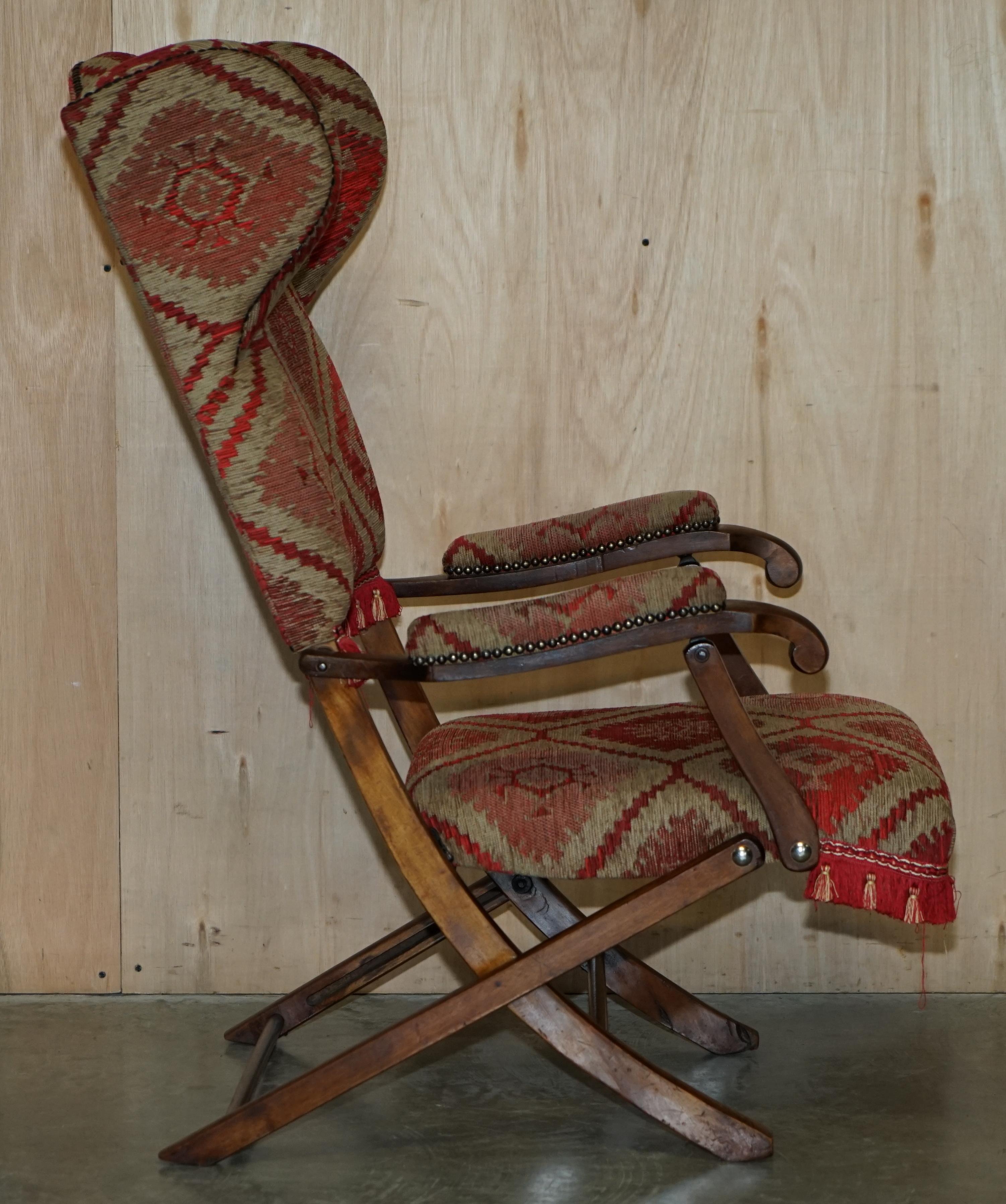 Superbe fauteuil pliant victorien ancien Kilim de campagne militaire tapissé en vente 9