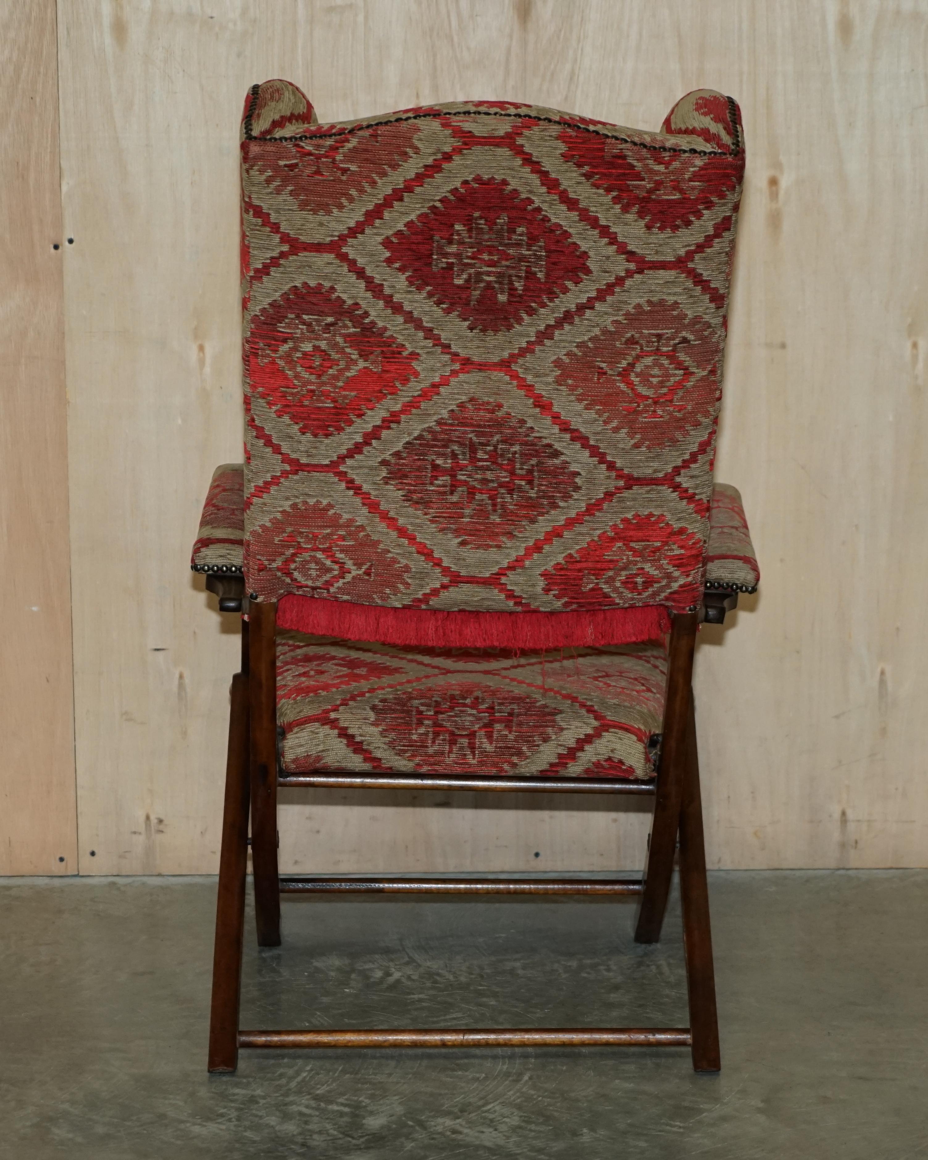 Stunning Antique Victorian Military Campaign Kilim Upholstered Folding Armchair For Sale 12