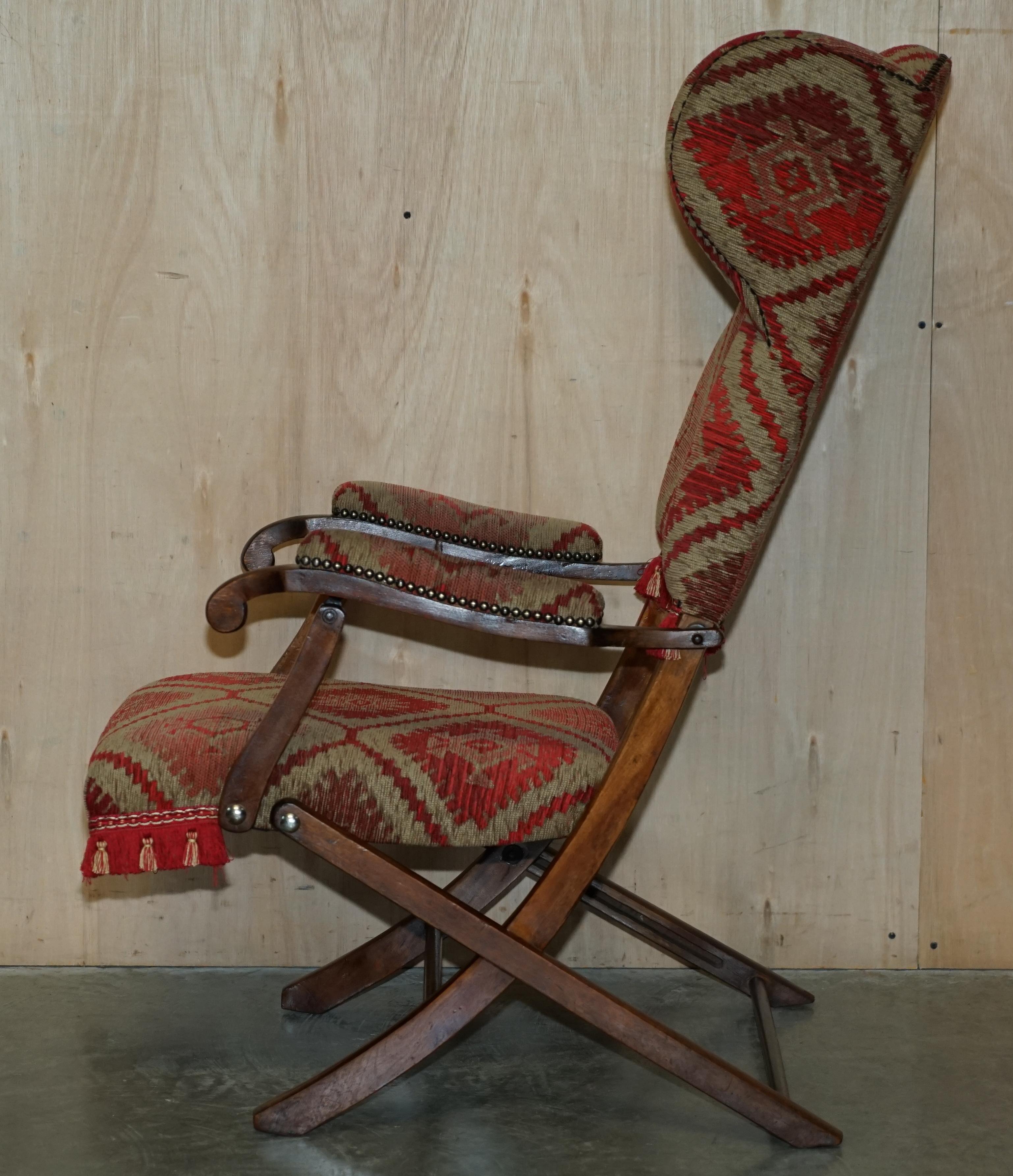 Superbe fauteuil pliant victorien ancien Kilim de campagne militaire tapissé en vente 11