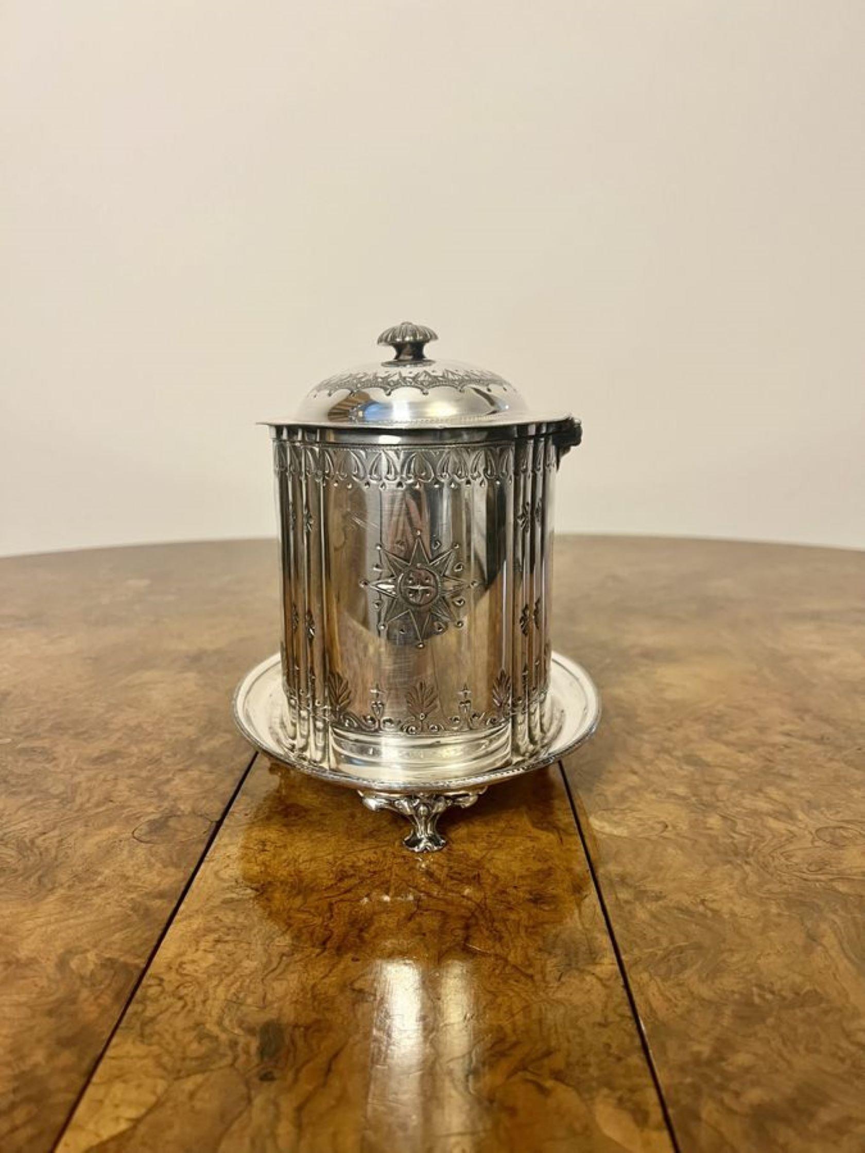 Silver Plate Stunning antique Victorian silver plated biscuit barrel For Sale