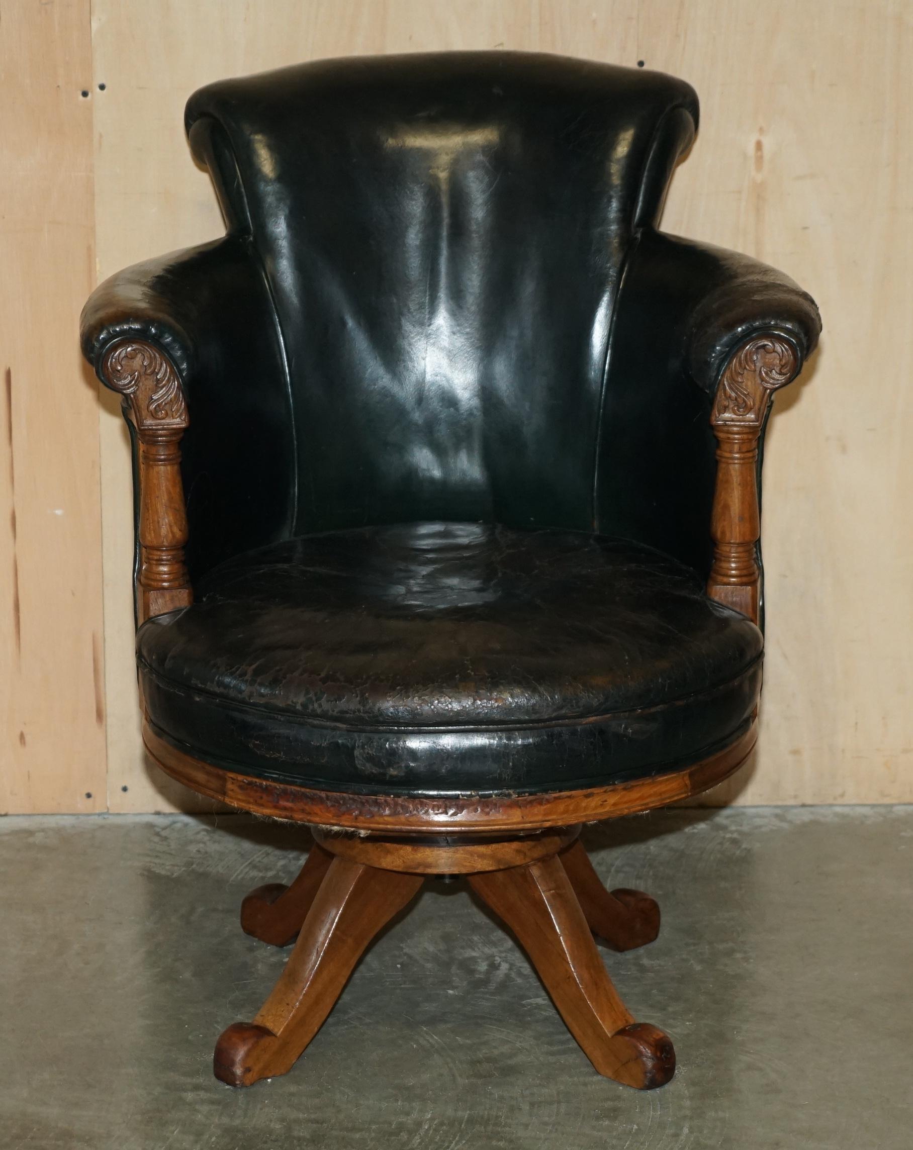 Royal House Antiques

Royal House Antiques is delighted to offer for sale this stunning original, circa 1830 hand carved solid Walnut Ship captains swivel armchair with early dark petrol green / black leather upholstery 

Please note the delivery