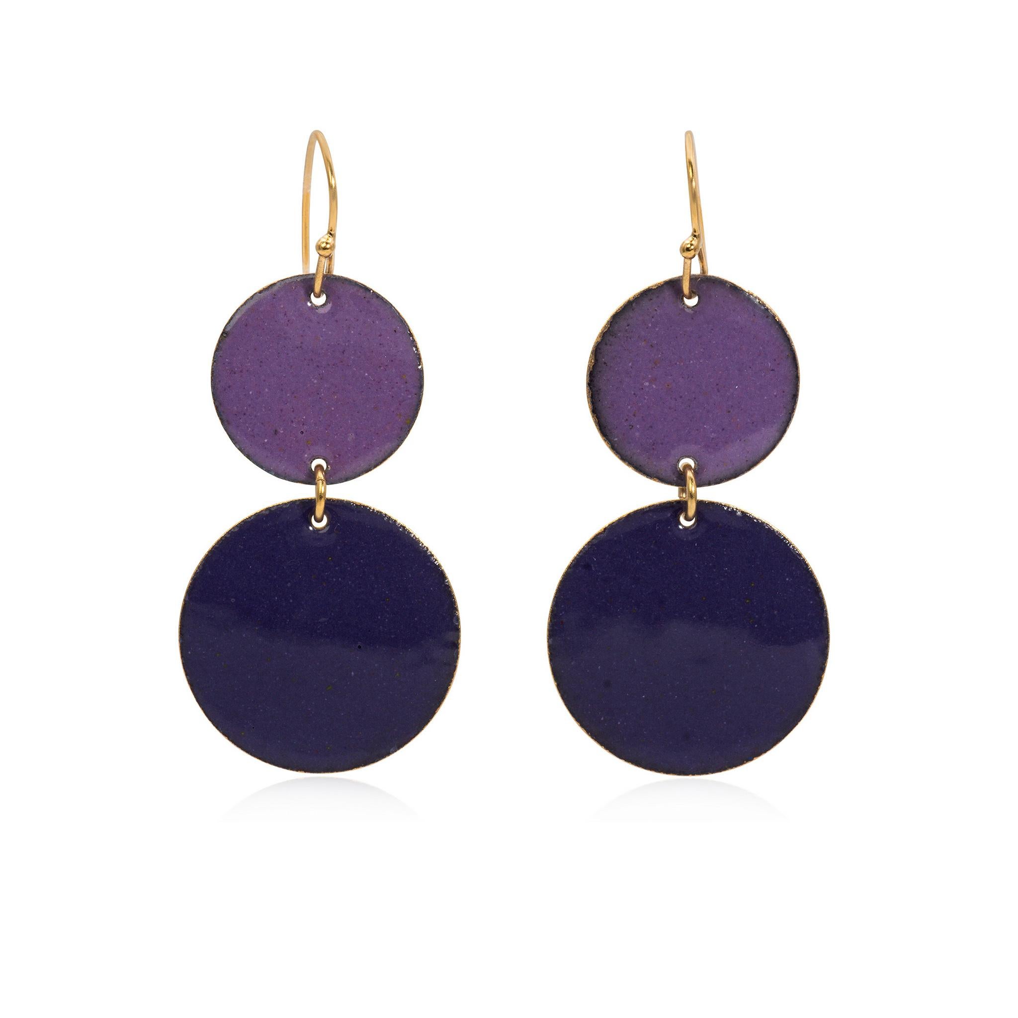 These stunning Deep Purple Hand Painted Copper Enamel Discs with Gold Vermeil from April in Paris designs are sure to draw attention.  The discs are .75 and 1 inch in diameter. 
Earrings can be made in the colors of your choice with 2 or 3 discs (at