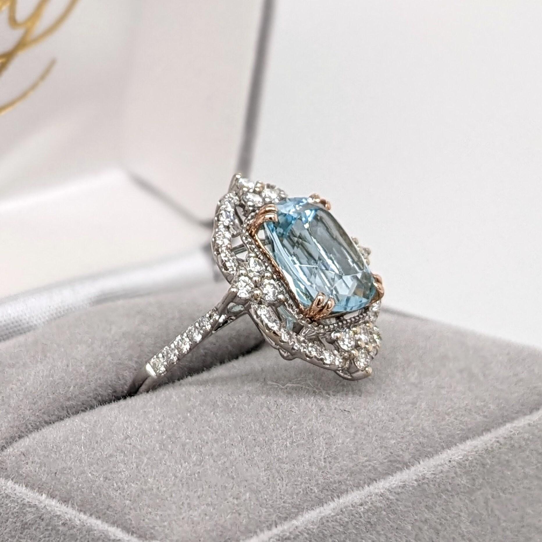 Art Nouveau Stunning Aquamarine Ring in Solid 14K Dual Tone Gold with Natural Diamonds