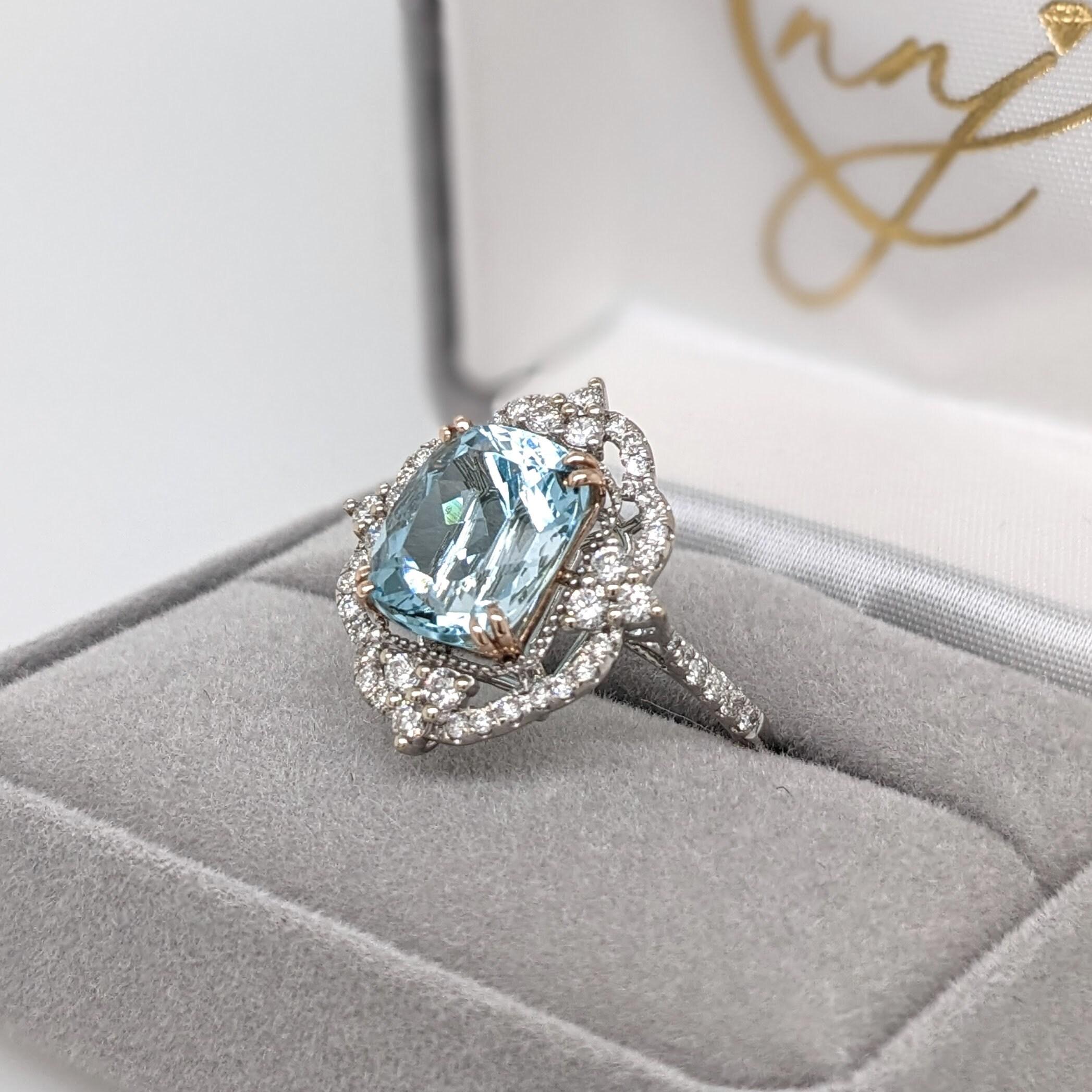 Cushion Cut Stunning Aquamarine Ring in Solid 14K Dual Tone Gold with Natural Diamonds