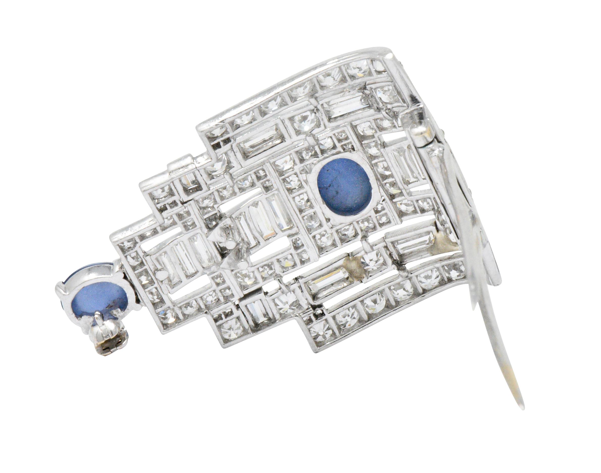 Stunning Art Deco 12.15 Carat Sapphire Diamond Platinum Clips In Excellent Condition In Philadelphia, PA