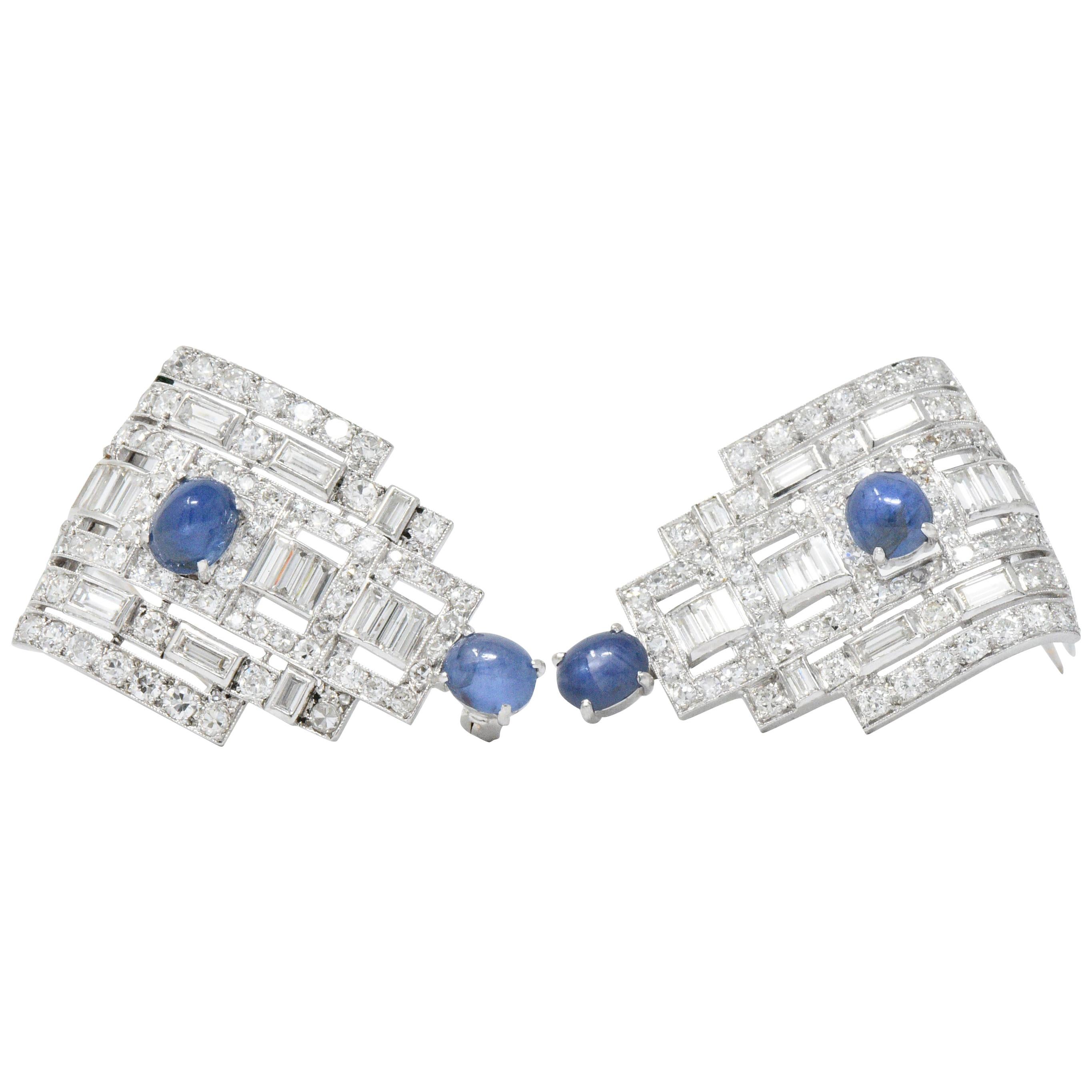 Stunning Art Deco 12.15 Carat Sapphire Diamond Platinum Clips