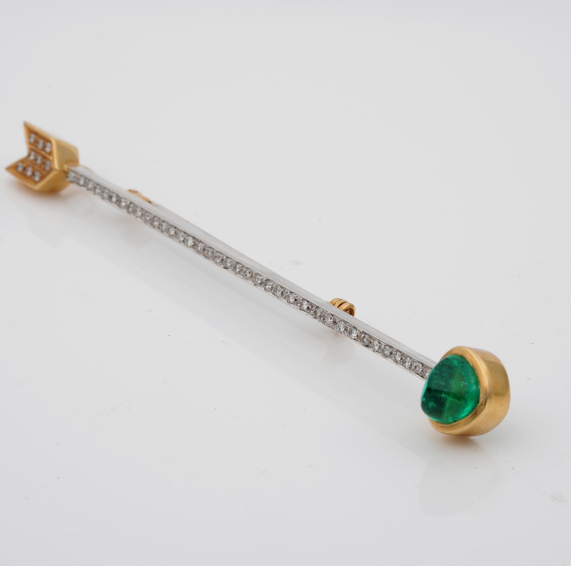 Out of this world, top quality Art Deco Emerald and diamond brooch which can be worn either as brooch or as pendant as well
Exquisitely hand crafted of solid 18 KT not marked
Set with a sheer quality sugar loaf natural Colombian Emerald of