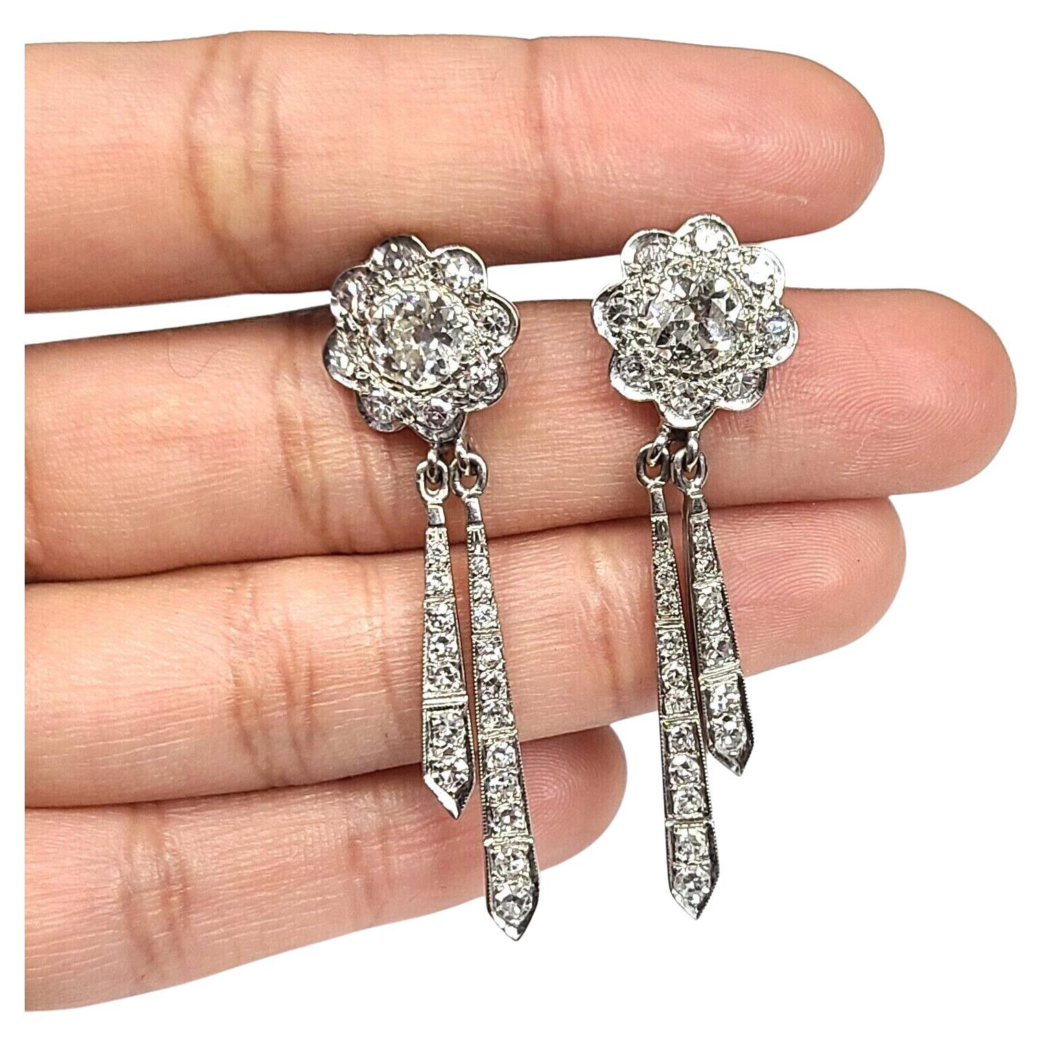 Stunning Art Deco 3.37CT Old Mine Cut Diamond Platinum Drop Earrings For Sale
