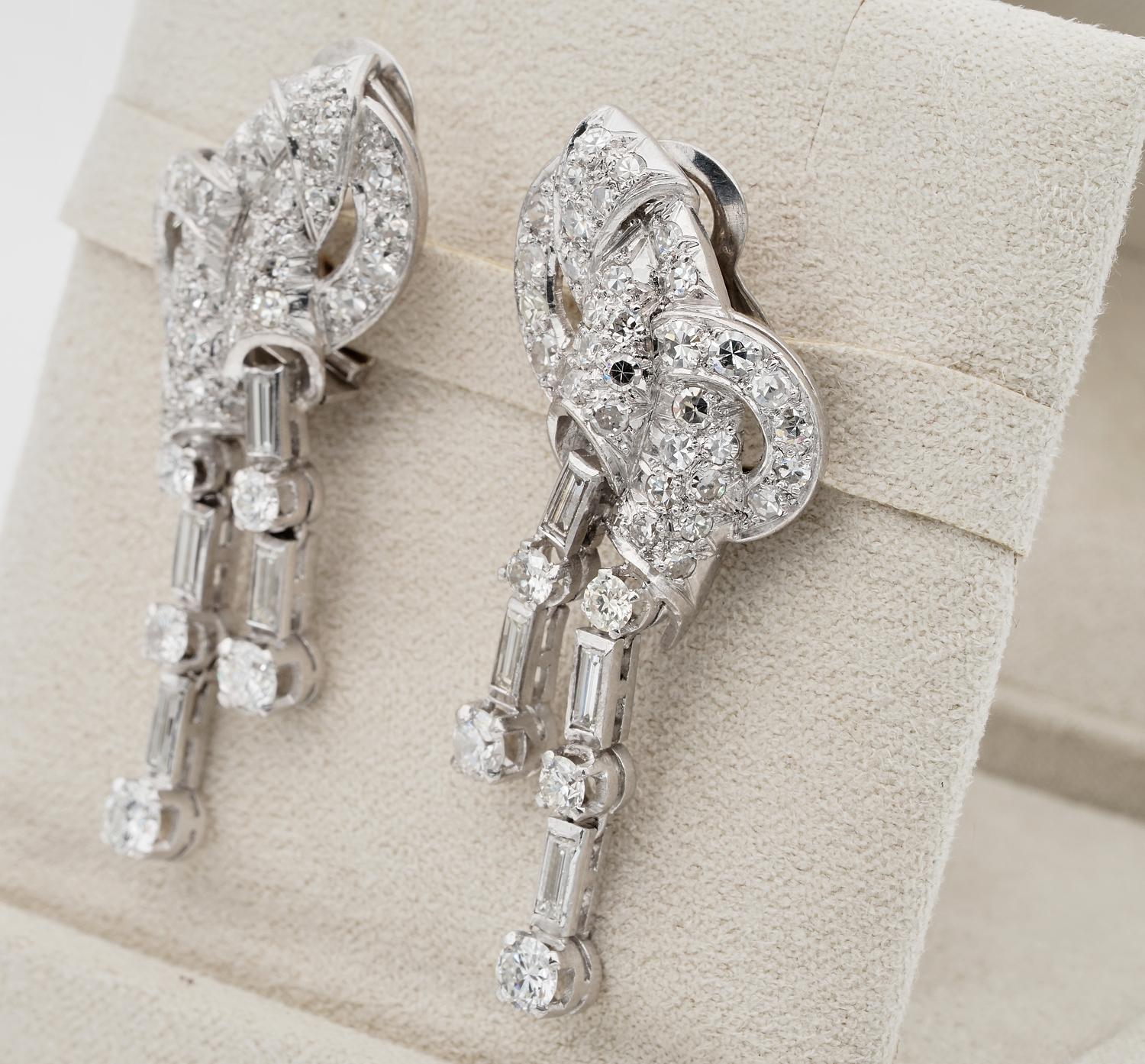 Stunning Art Deco 4.0 Carat Diamond Platinum Rare Bow Earrings For Sale 1