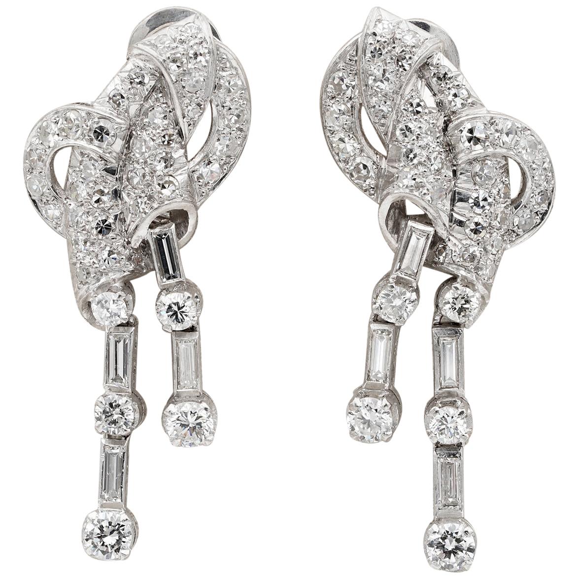 Stunning Art Deco 4.0 Carat Diamond Platinum Rare Bow Earrings For Sale