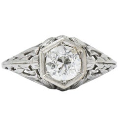 Vintage Art Deco 0.90 CTW Diamond 14 Karat White Gold Foliate Engagement Ring