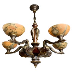 Stunning Art Deco Alabaster & Bronze Chandelier w. Stylized Flamingo Sculptures