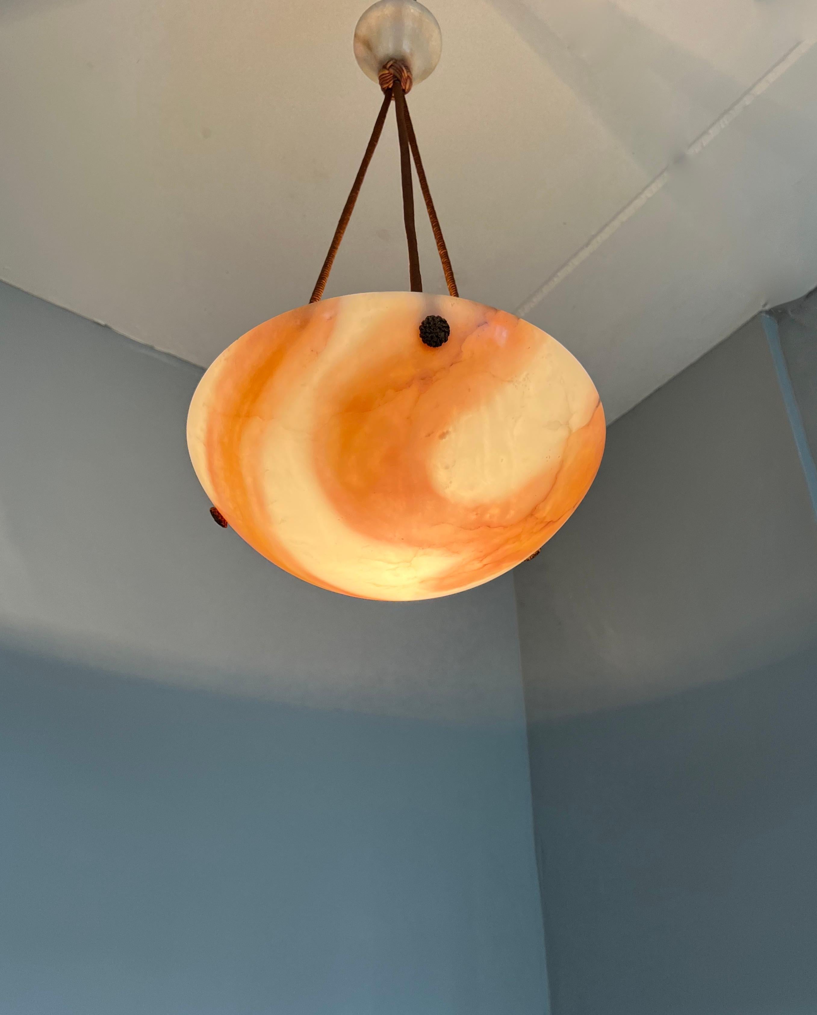Hand-Carved One of a Kind Art Deco Alabaster Pendant Light with Unique Koi Color Pattern 