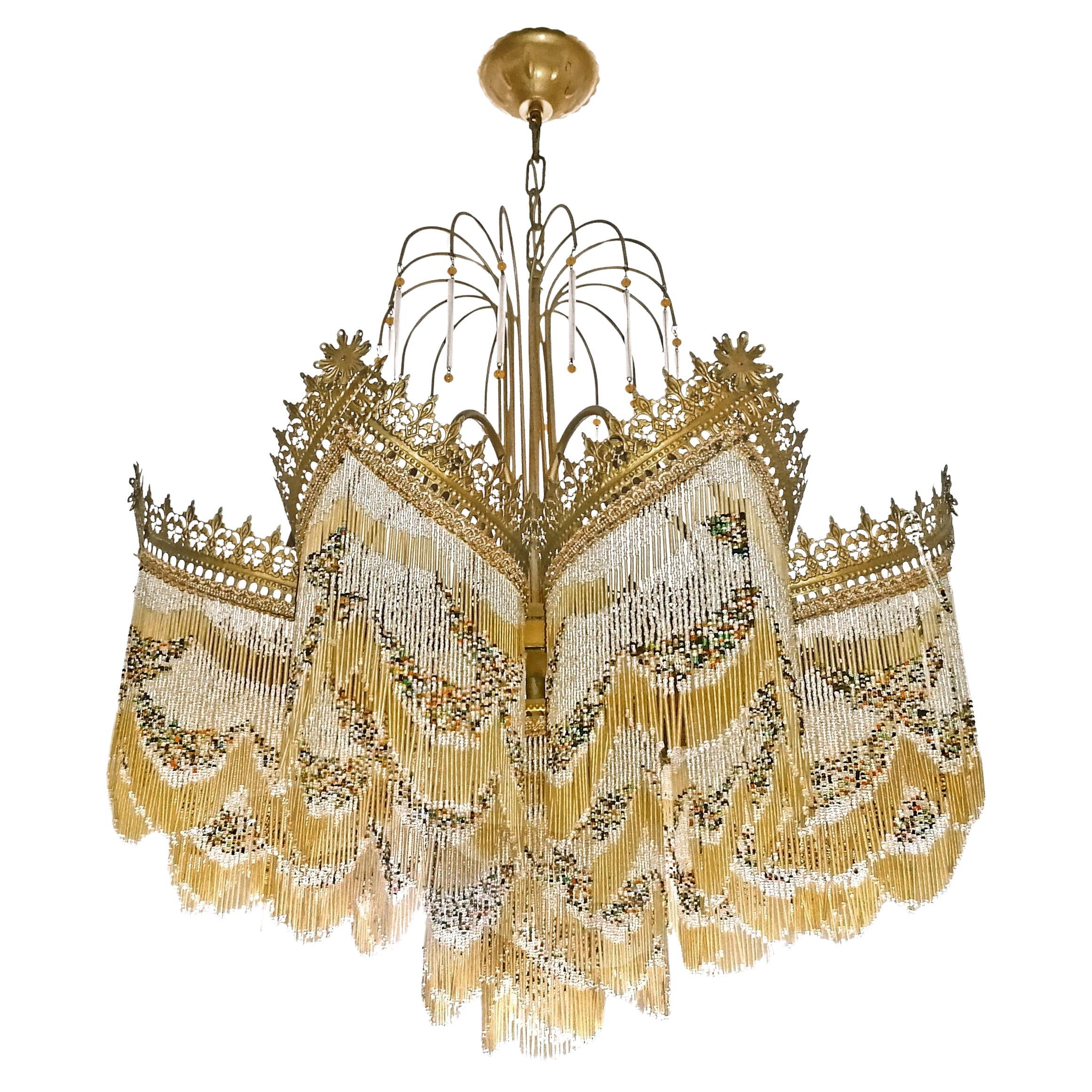 Stunning Art Deco Art Nouveau Gilt Chandelier with Amber Beaded Fringe c 1940
