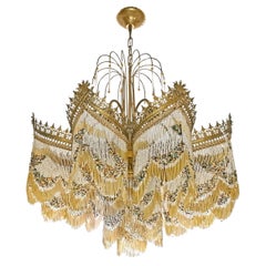 Stunning Art Deco Art Nouveau Gilt Chandelier with Amber Beaded Fringe c 1940