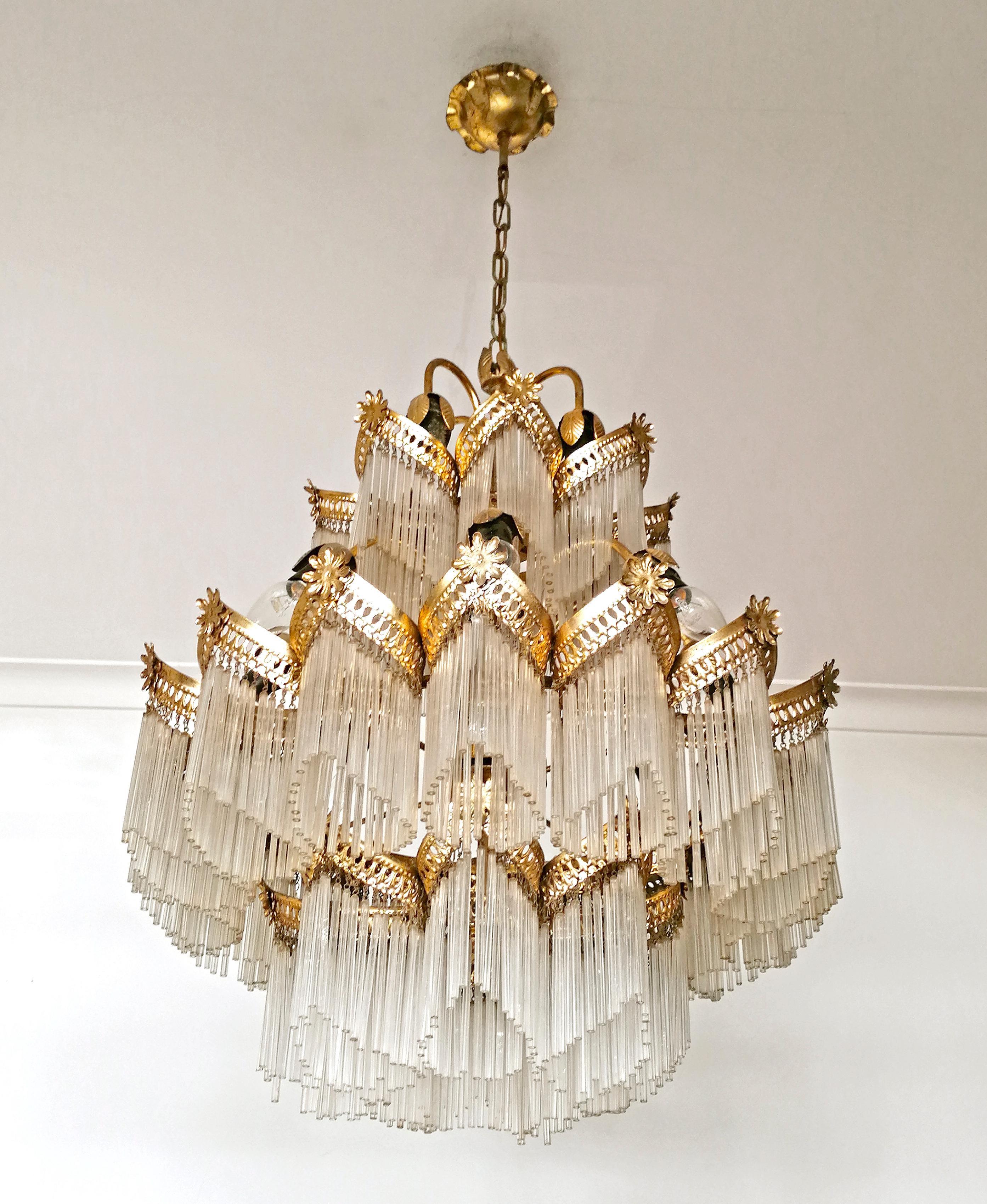 Superbe lustre Art Déco Art Nouveau doré avec frange en verre dépoli vers 1940 en vente 2