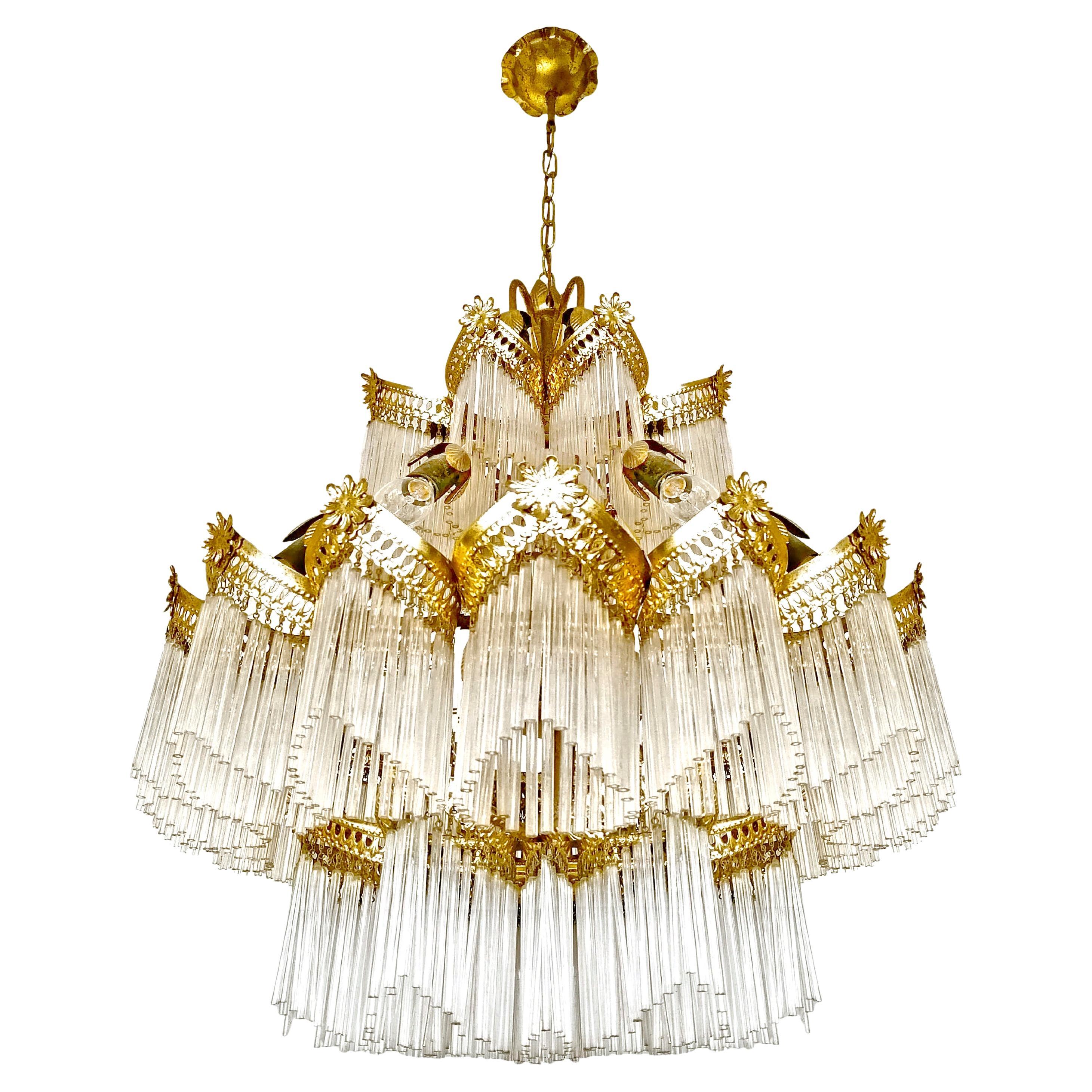Stunning Art Deco Art Nouveau Gilt Chandelier with Frosted Glass Fringe c 1940