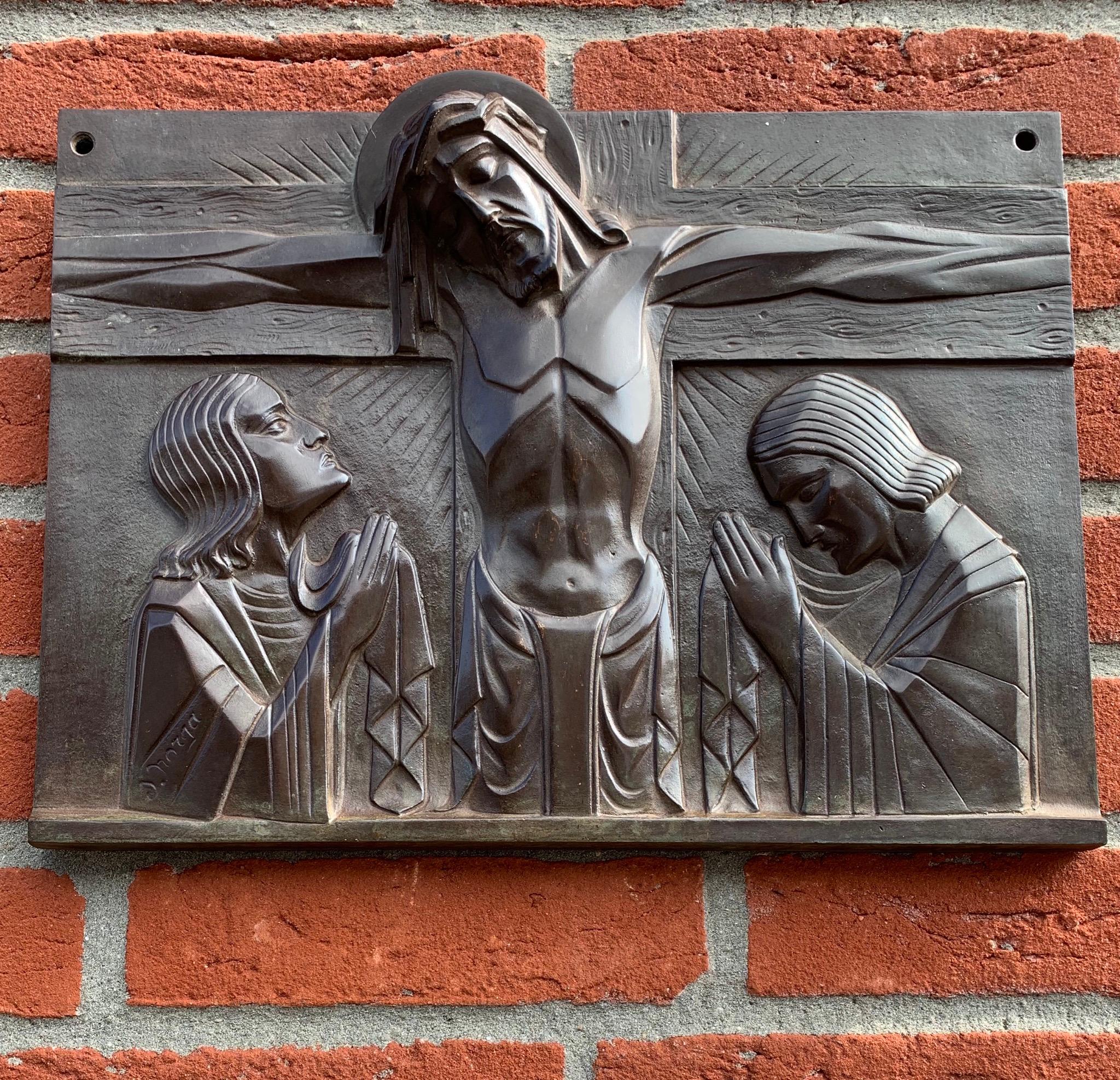 Atemberaubende religiöse Art-Déco-Bronzeplakette Christi auf Kreuzigung aus Bronze von Sylvain Norga im Angebot 9