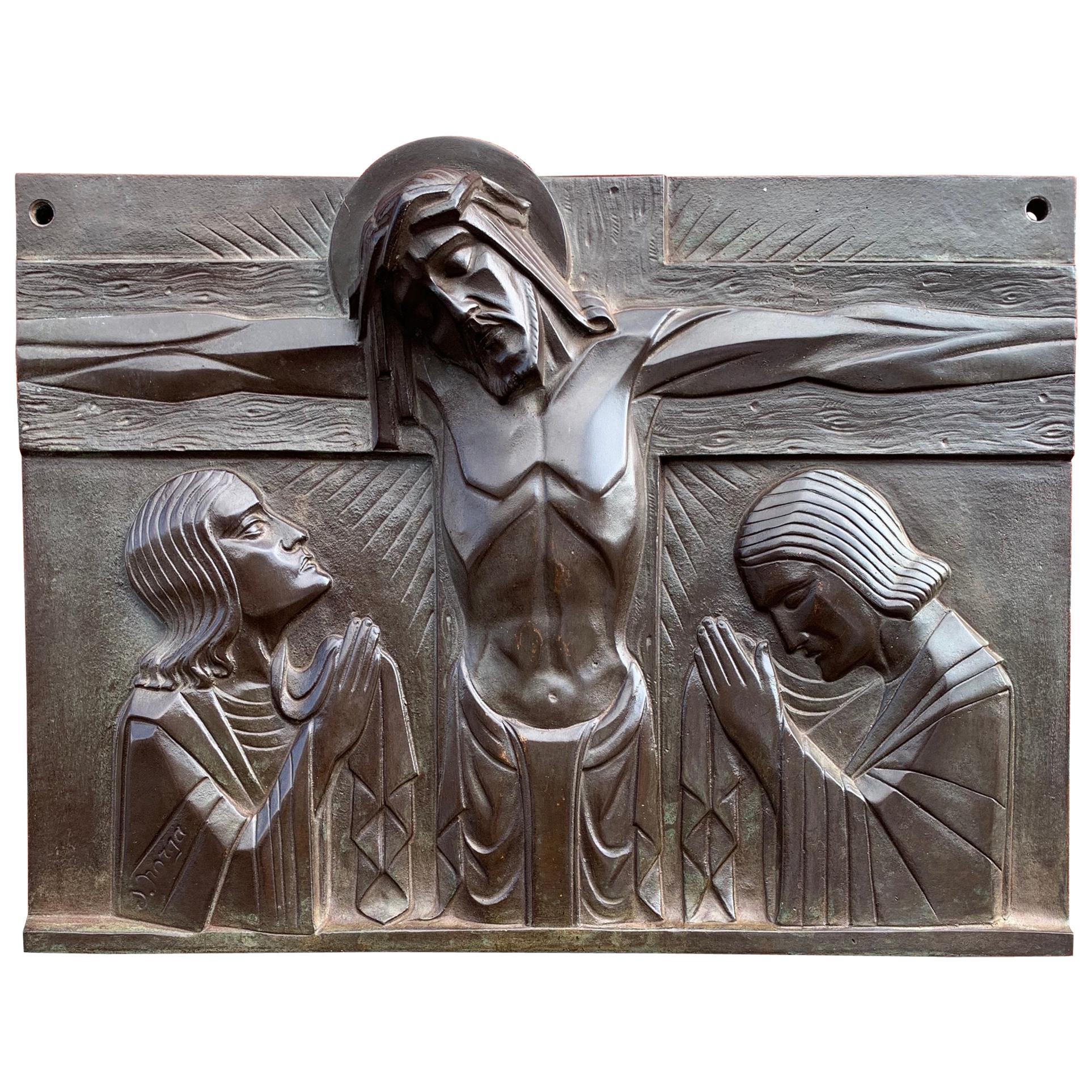 Stunning Art Deco Bronze Religious Plaque of Christ on Crucifix by Sylvain Norga
