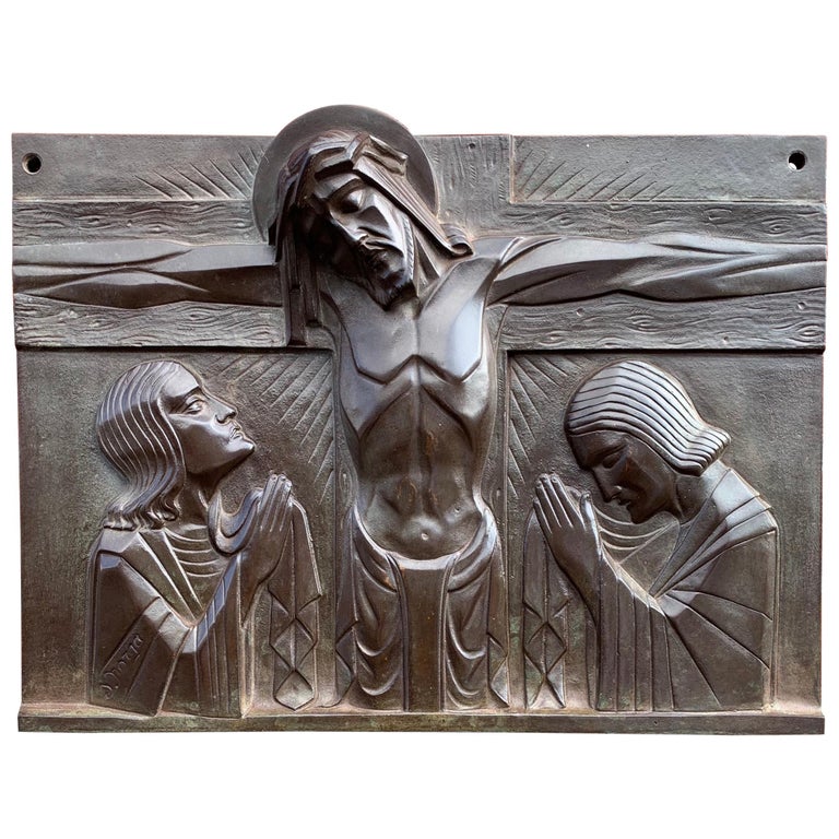 Stunning Art Deco Bronze Religious Plaque of Christ on Crucifix by
