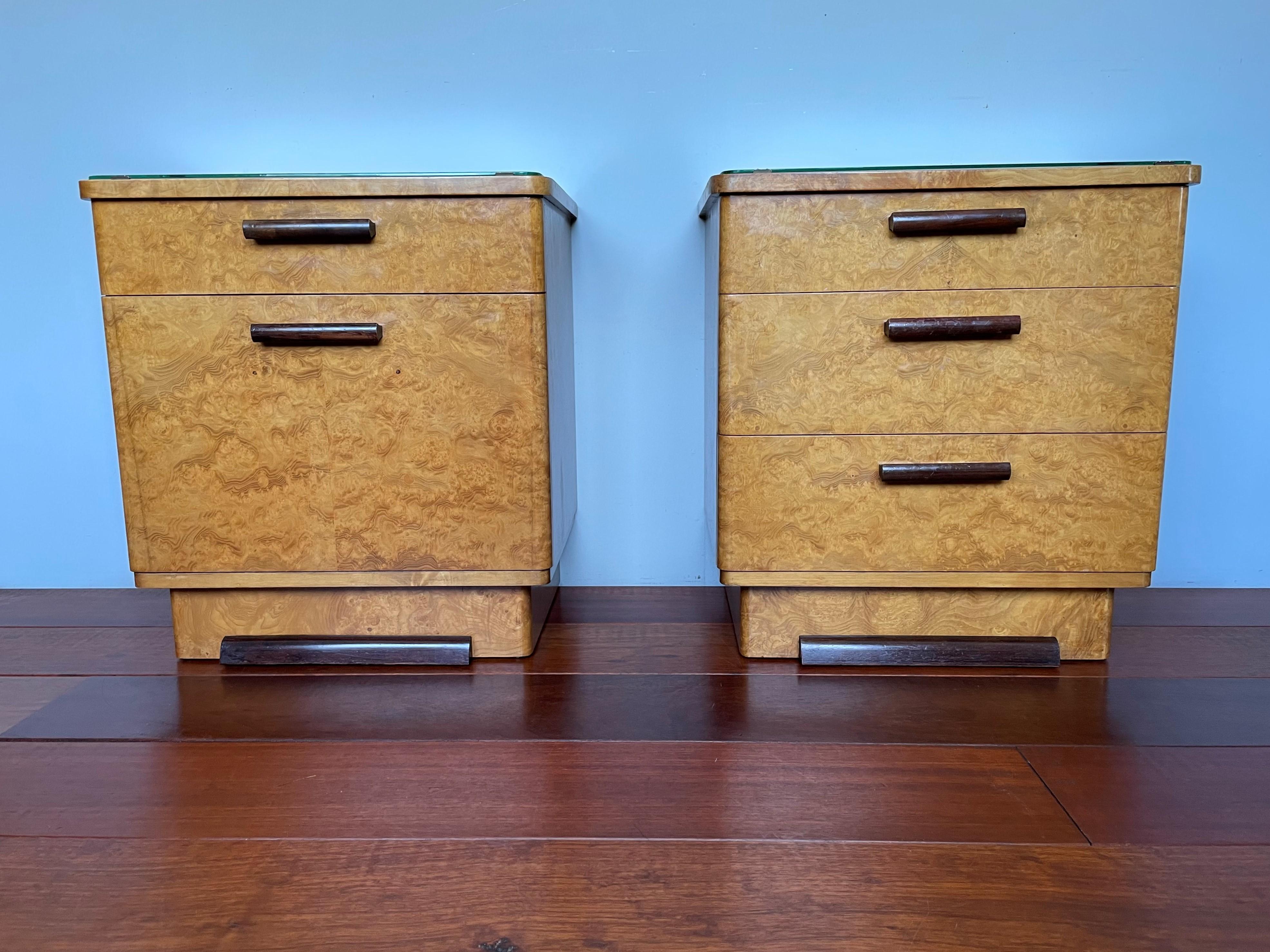 Early 20th century, finest quality and condition Art Deco night stands.

We are proud to offer these fine quality cabinets from the heydays of the Art Deco period. The combination of the stylish lines in the design and the beautiful materials that