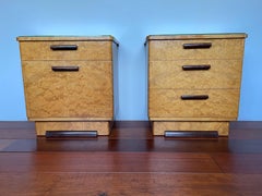 Stunning Art Deco Burl Walnut Nightstands / Bedside Tables W/ Perfect Glass Tops