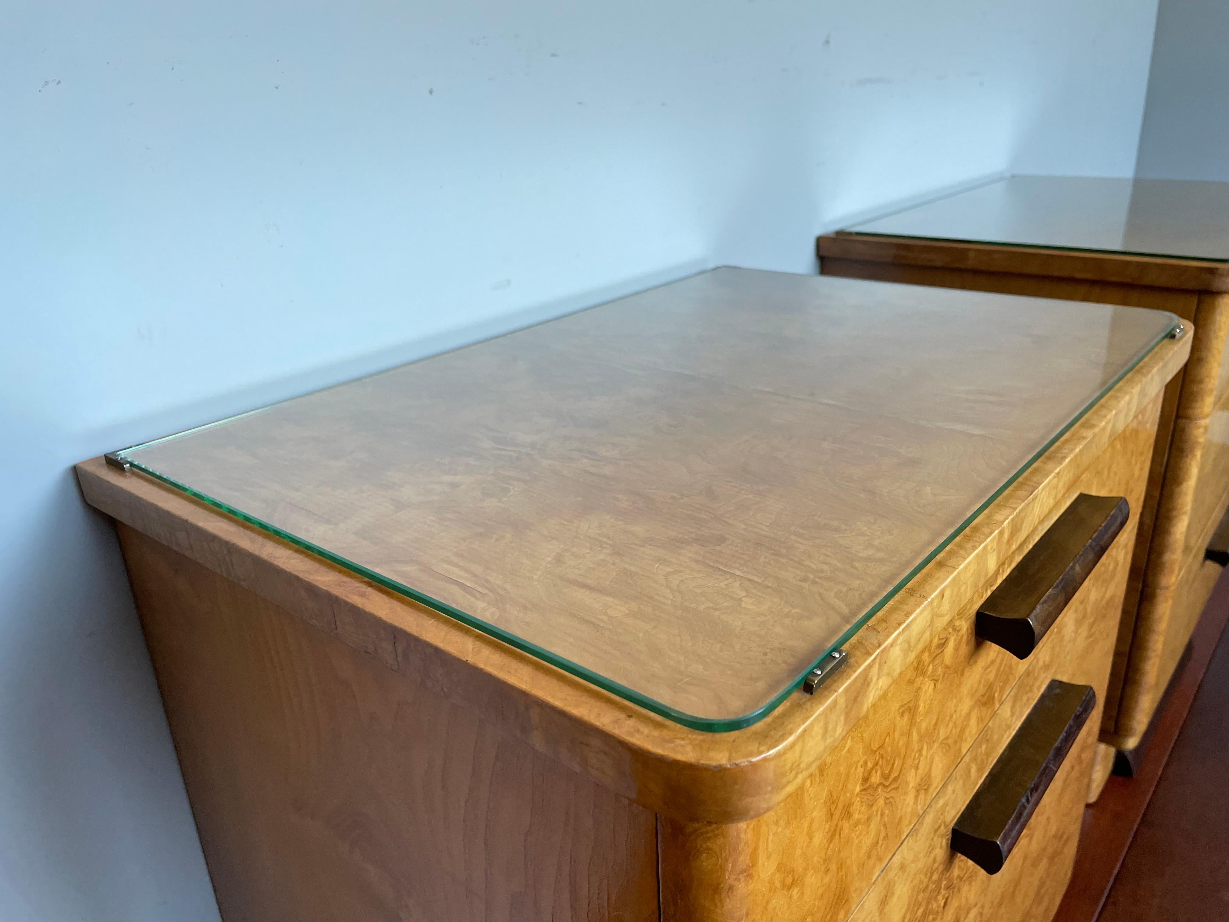 European Stunning Art Deco Burl Walnut Nightstands / Bedside Tables W/ Perfect Glass Tops