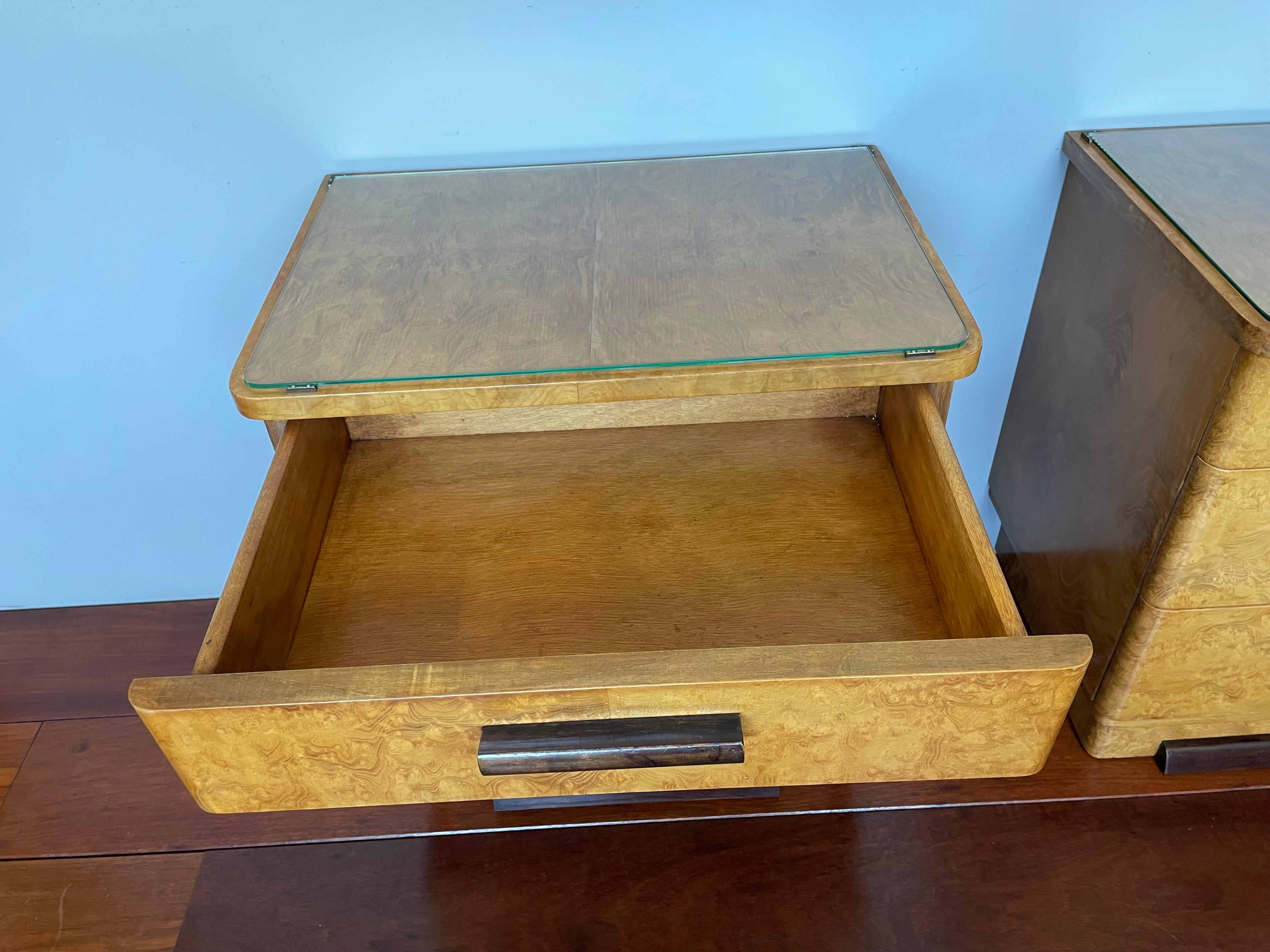 20th Century Stunning Art Deco Burl Walnut Nightstands / Bedside Tables W/ Perfect Glass Tops