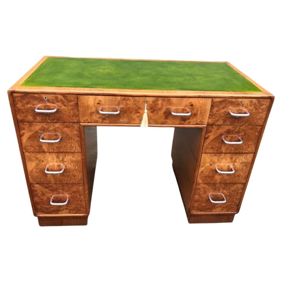 Stunning Art Deco Burr Walnut 9 Drawer Kneehole Desk For Sale