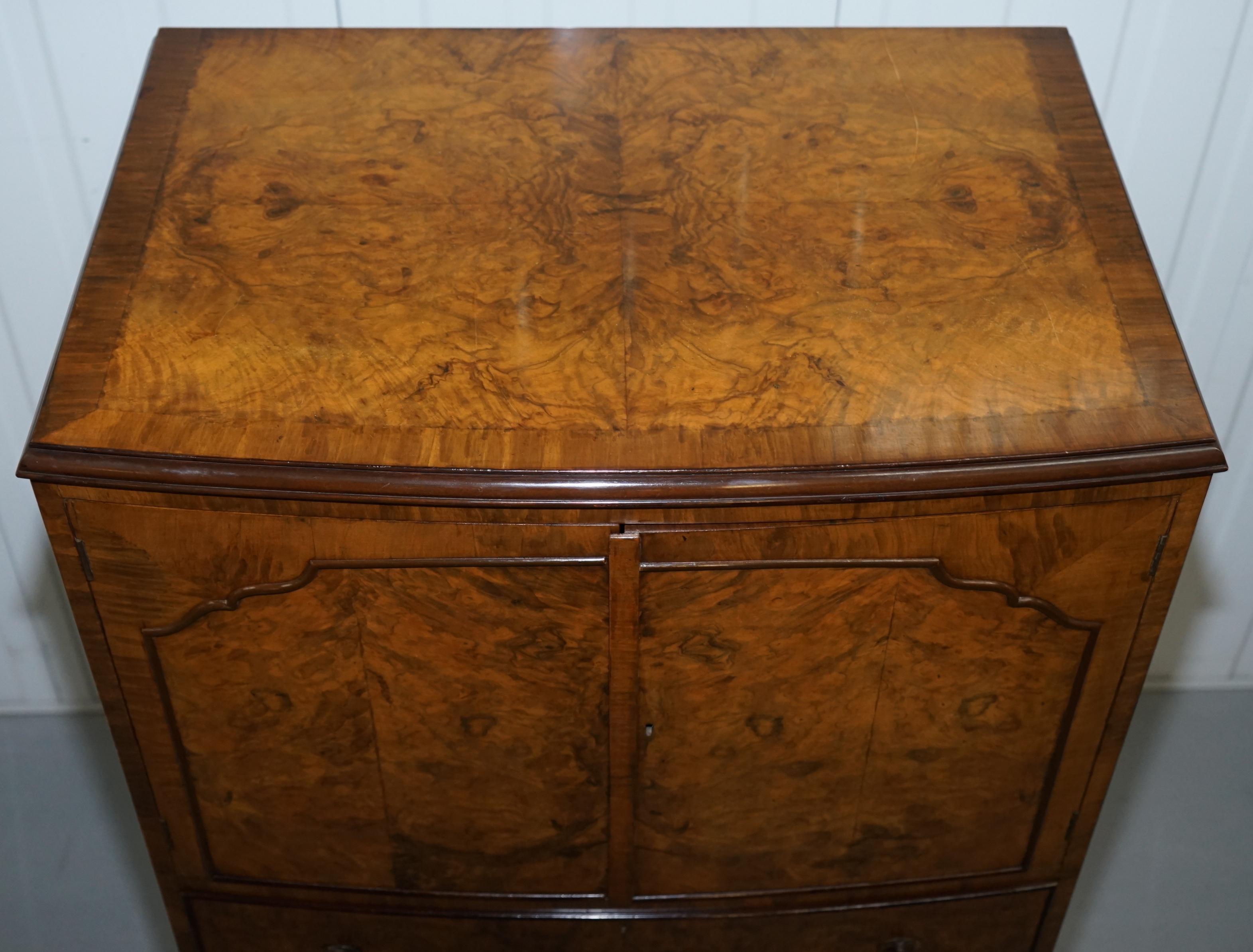 Hand-Carved Stunning Art Deco Burr Walnut Cabinet Cupboard Chest of Drawers Drinks Unit