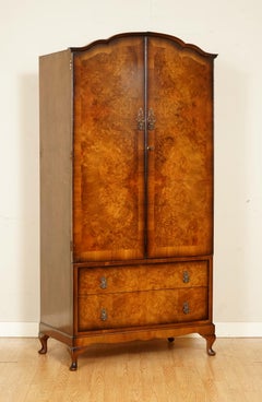 Stunning Art Deco Burr Walnut Wardrobe with 2 Drawers on Queen Ann Legs