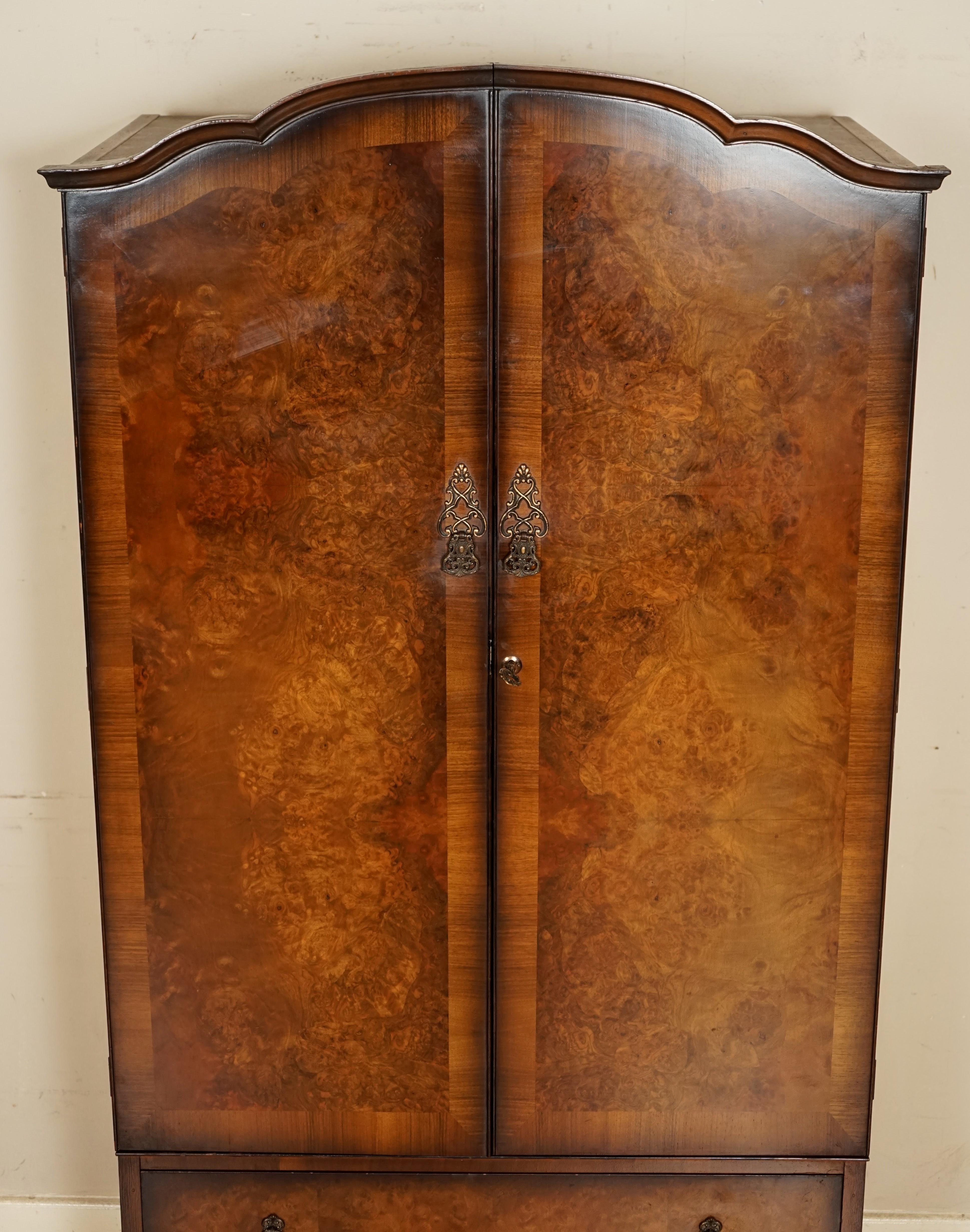 British Stunning Art Deco Burr Walnut Wardrobe with 2 Drawers on Queen Ann Legs