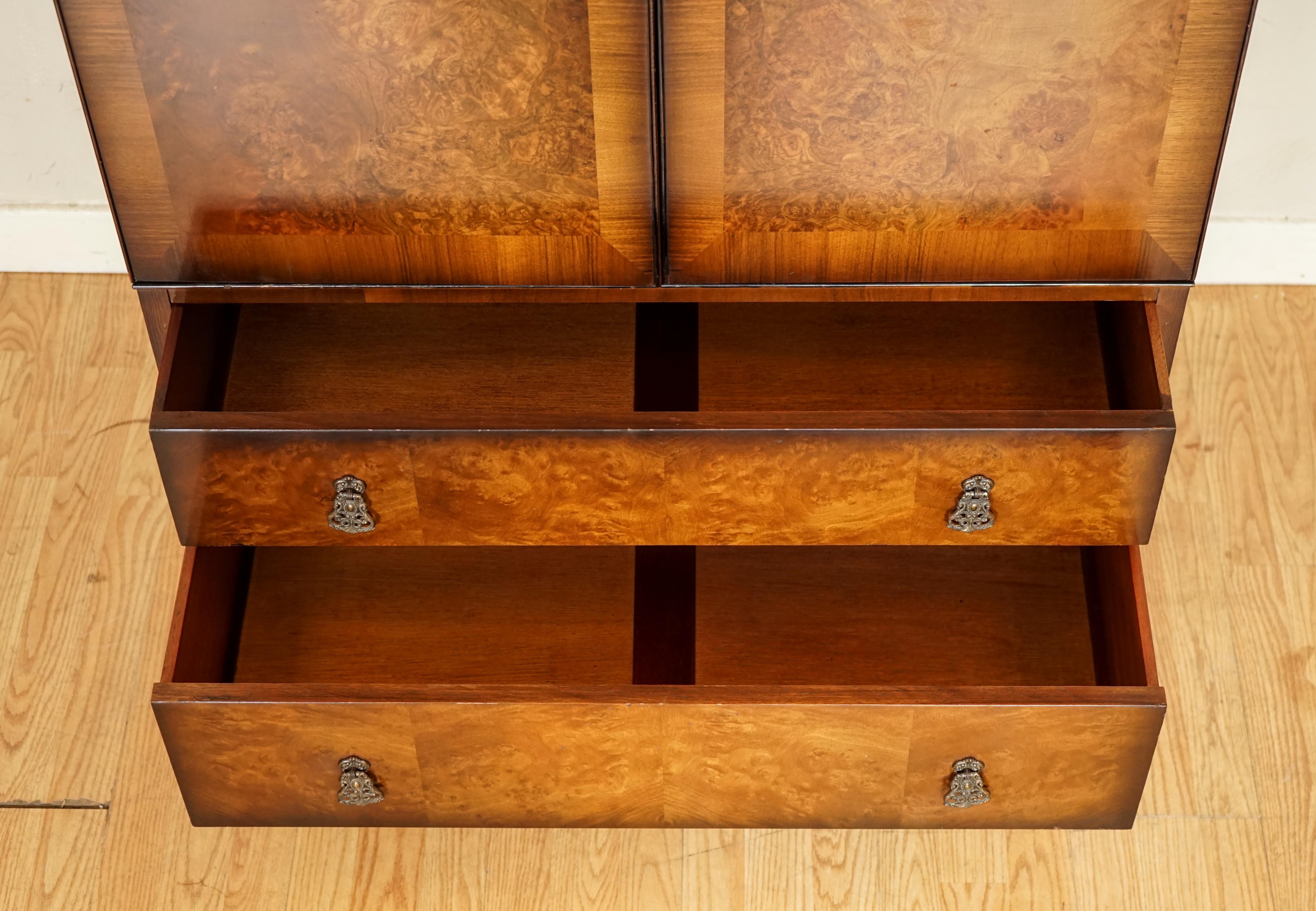 Hand-Crafted Stunning Art Deco Burr Walnut Wardrobe with 2 Drawers on Queen Ann Legs