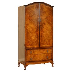 Vintage Stunning Art Deco Burr Walnut Wardrobe with 2 Drawers on Queen Ann Legs