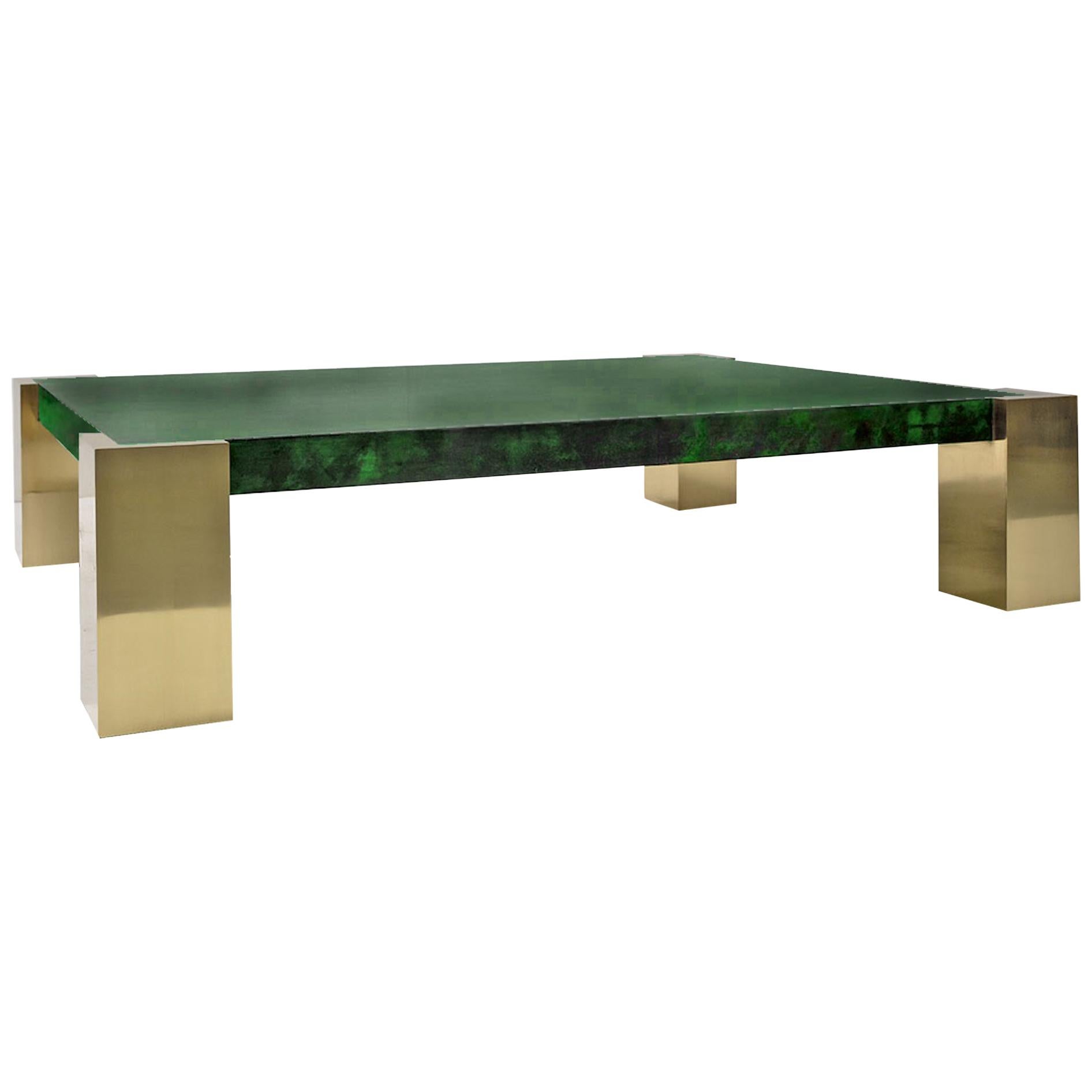 Stunning Art Deco Coffee Table in Emerald Green Parchment Goatskin For Sale