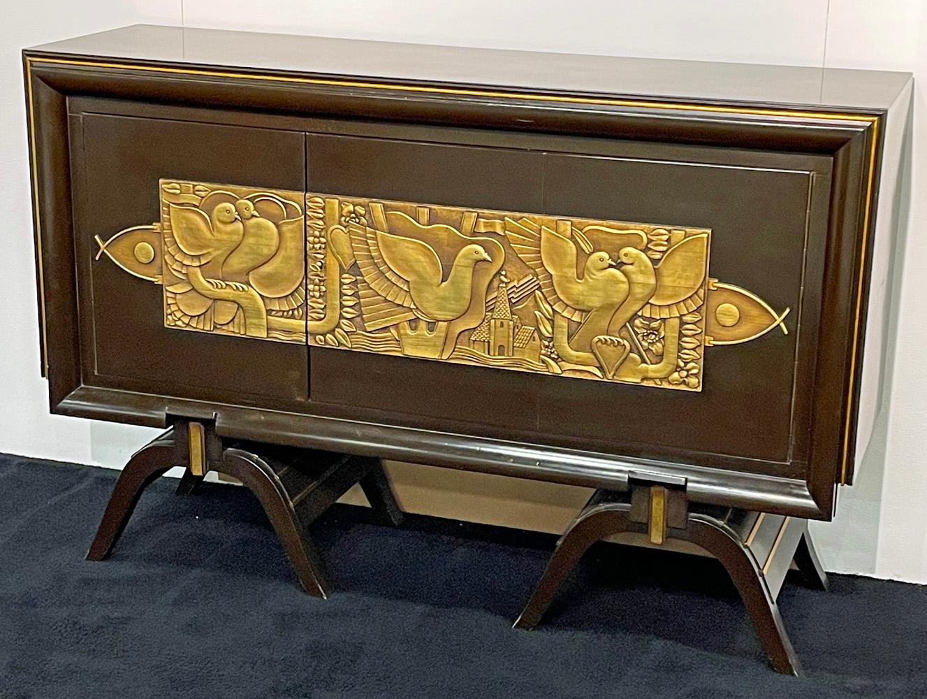Beautifully designed and constructed, this Art Deco console table features a bold and sophisticated lacquered relief panel at its center, featuring stylized doves and foliate motifs flanking a landscape scene with a dove cote in the distance. The