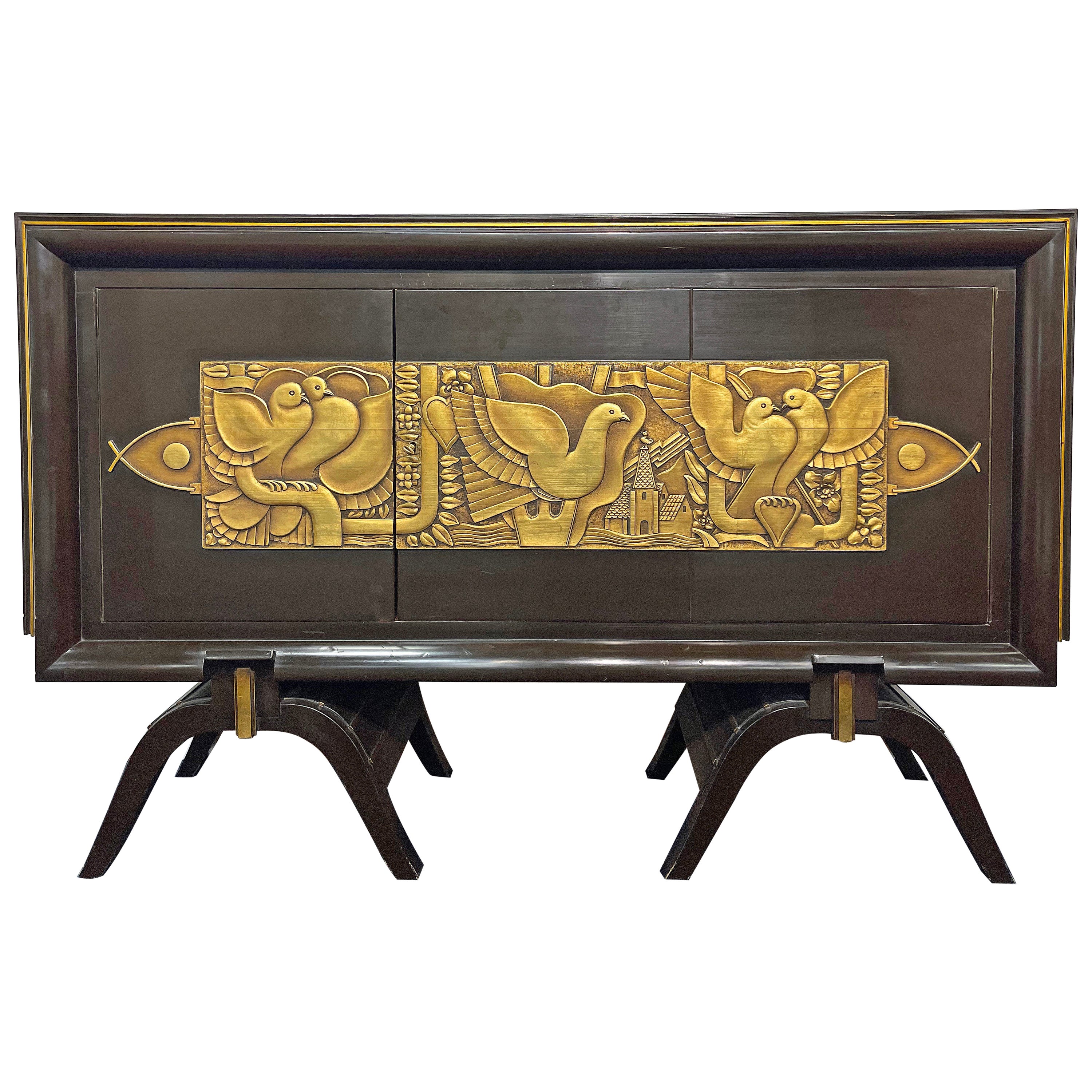 Stupendo tavolo da console Art Déco, pannello laccato con colombe, Francia, anni '40 in vendita