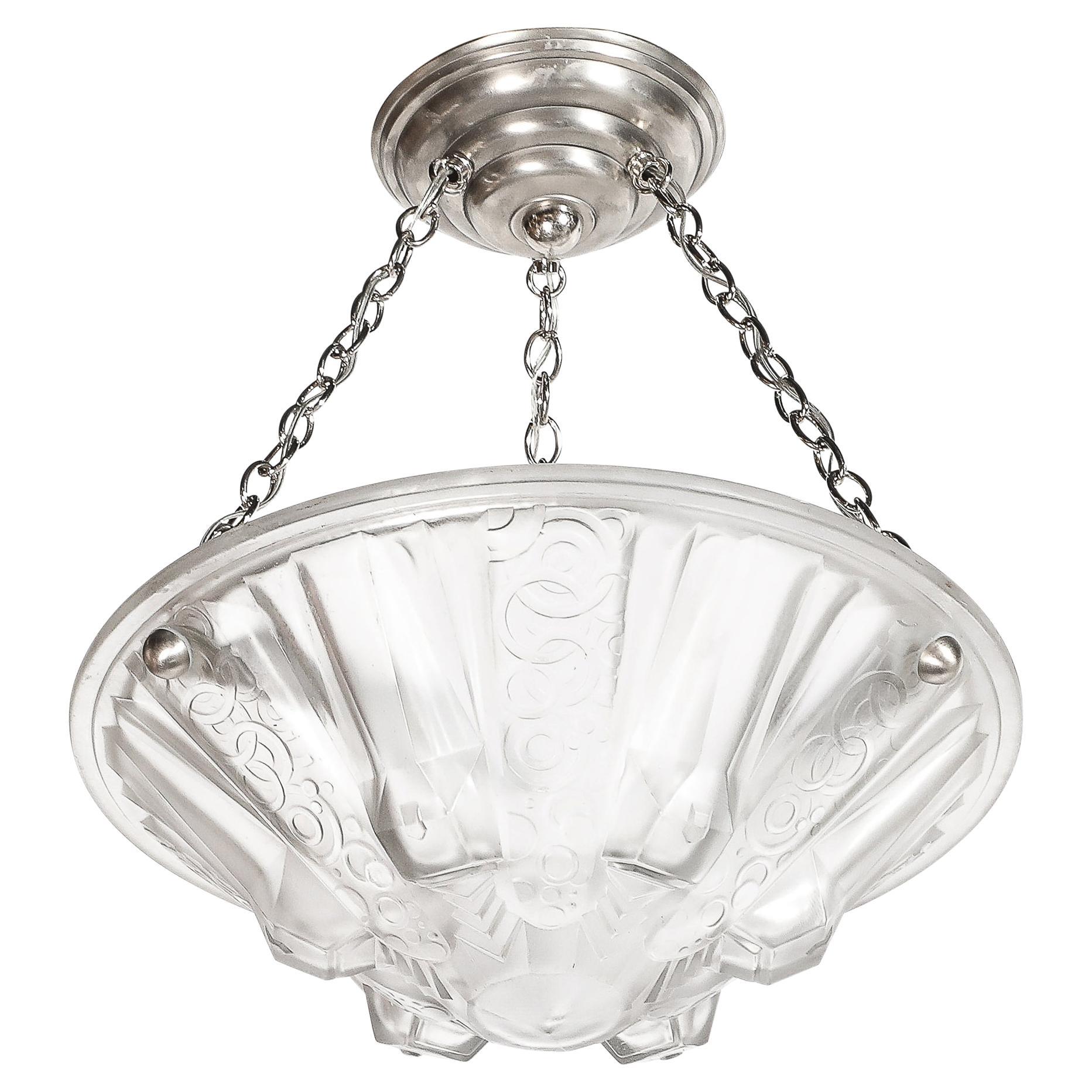 Stunning Art Deco Cubist Detailed Molded Glass Chandelier signed Muller Freres en vente