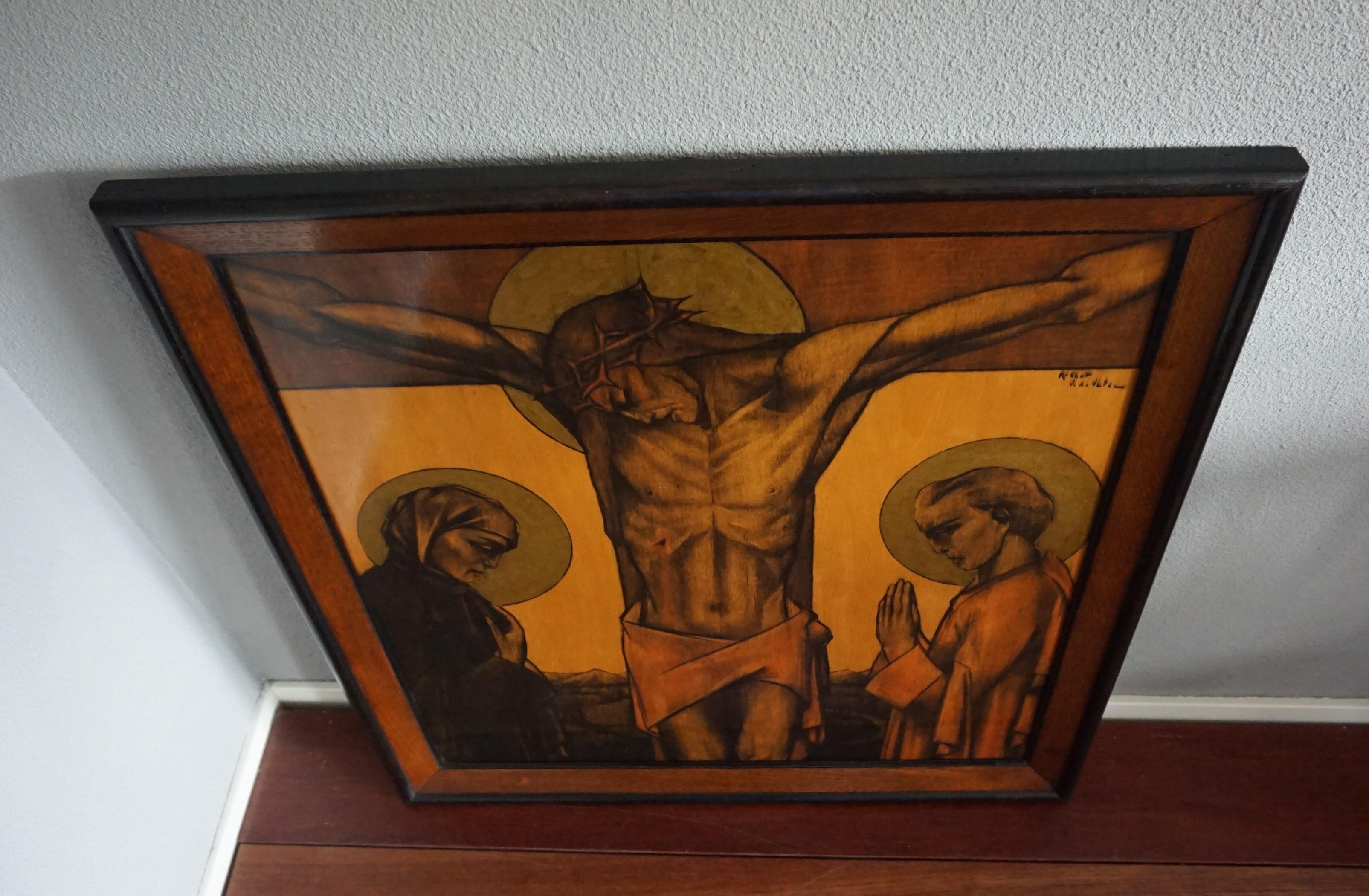 Stunning Art Deco Drawing or Painting of Christ with Mourning Mary & Saint John 3
