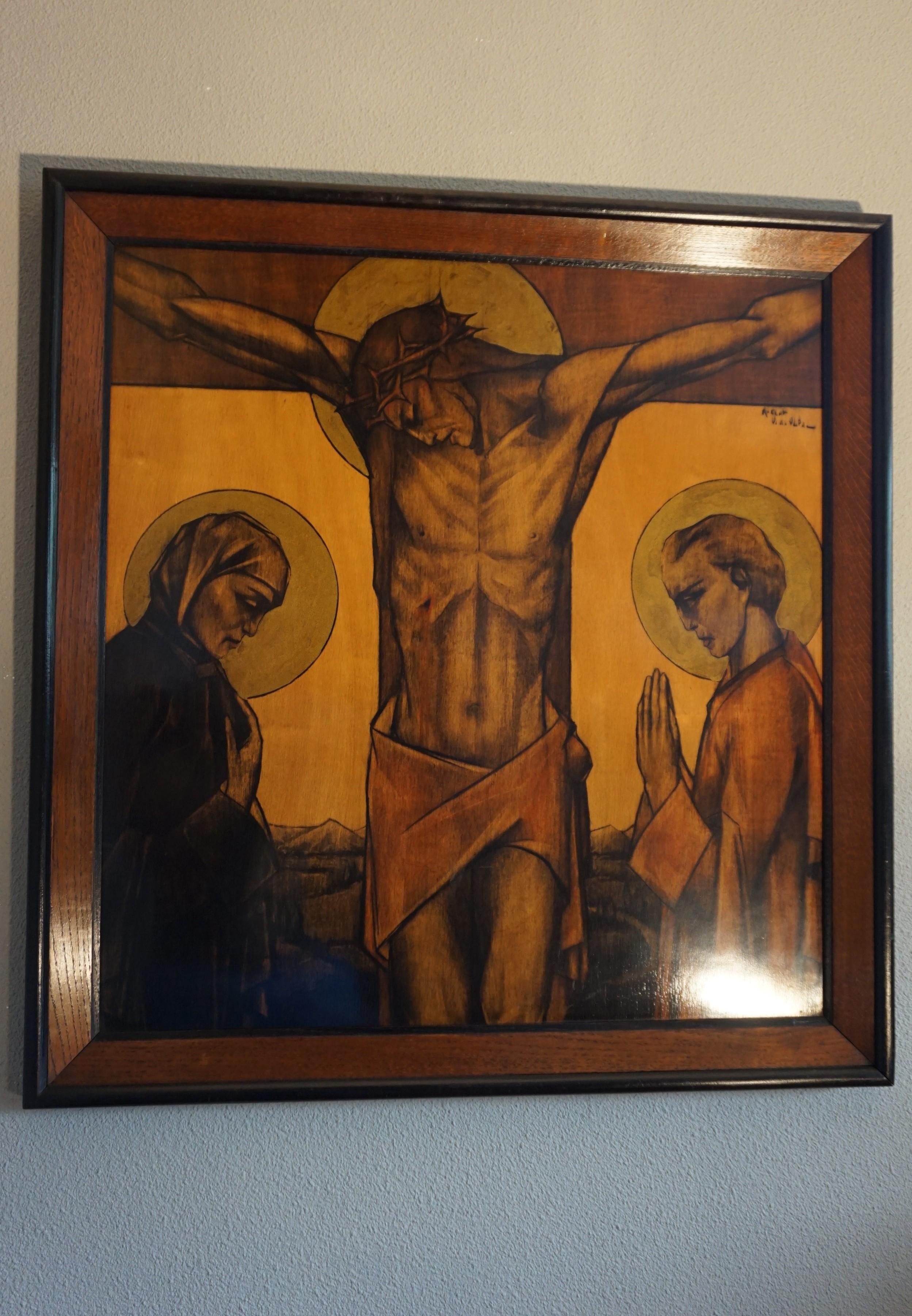 Stunning Art Deco Drawing or Painting of Christ with Mourning Mary & Saint John 8