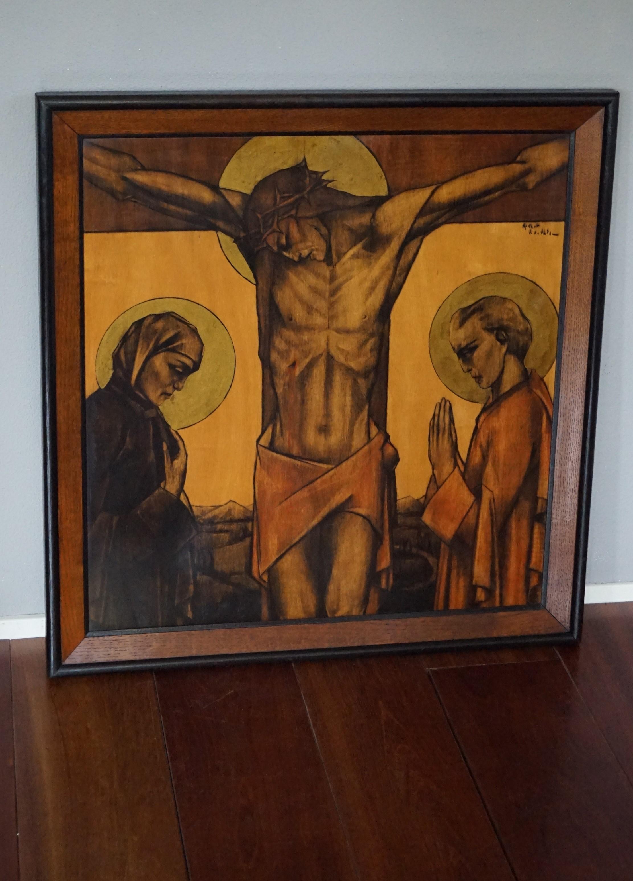 Stunning Art Deco Drawing or Painting of Christ with Mourning Mary & Saint John 12